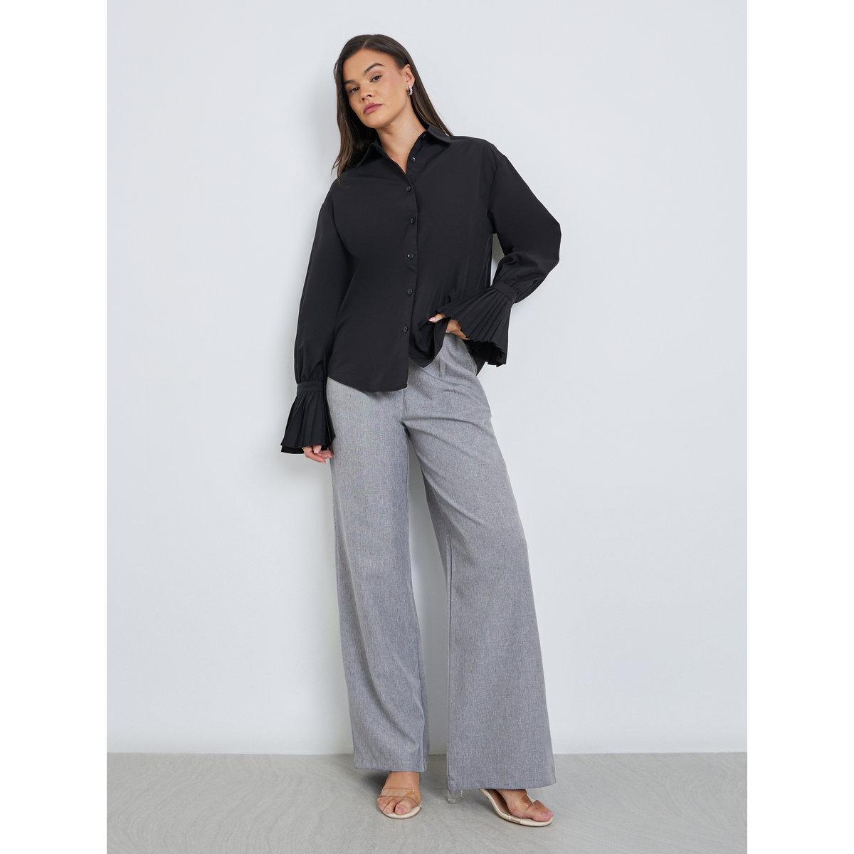 Styli Solid Pleated Detail Long Sleeve Shirt-women-clothing-shirtsandblouses-shirts-image-2
