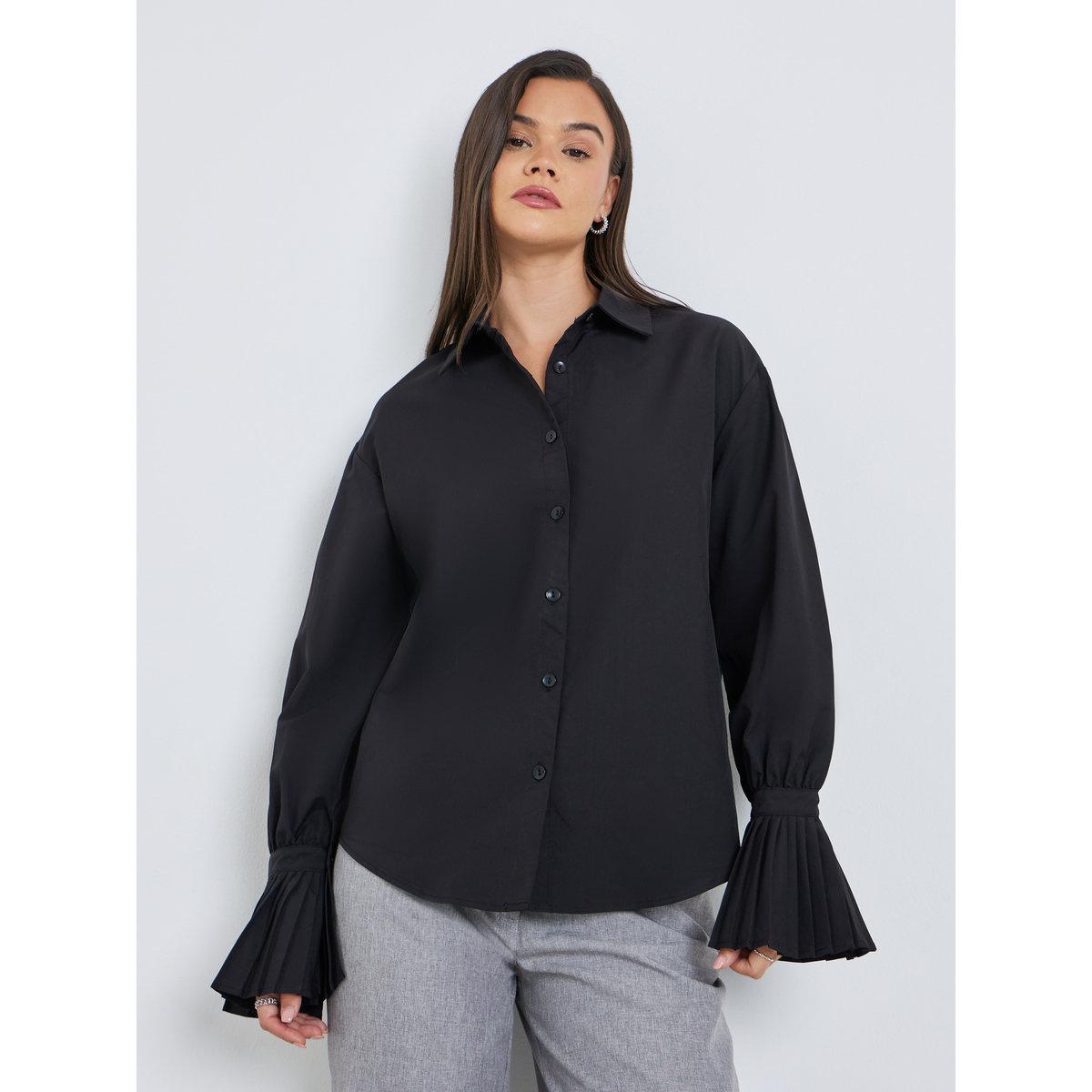 Styli Solid Pleated Detail Long Sleeve Shirt-women-clothing-shirtsandblouses-shirts-image-3