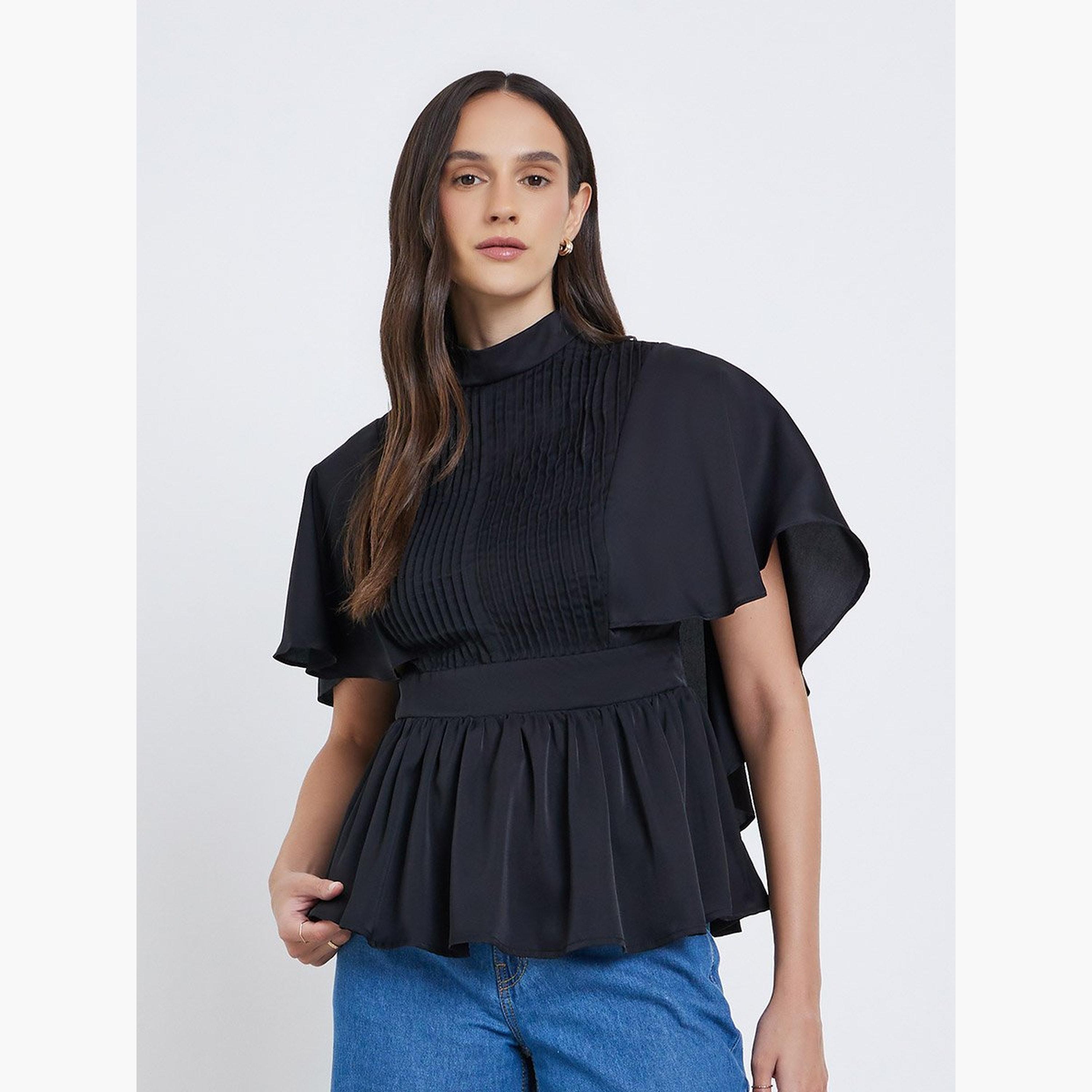 Styli Pleated High Neck Cape Sleeve Blouse-women-clothing-shirtsandblouses-blouses-image-1