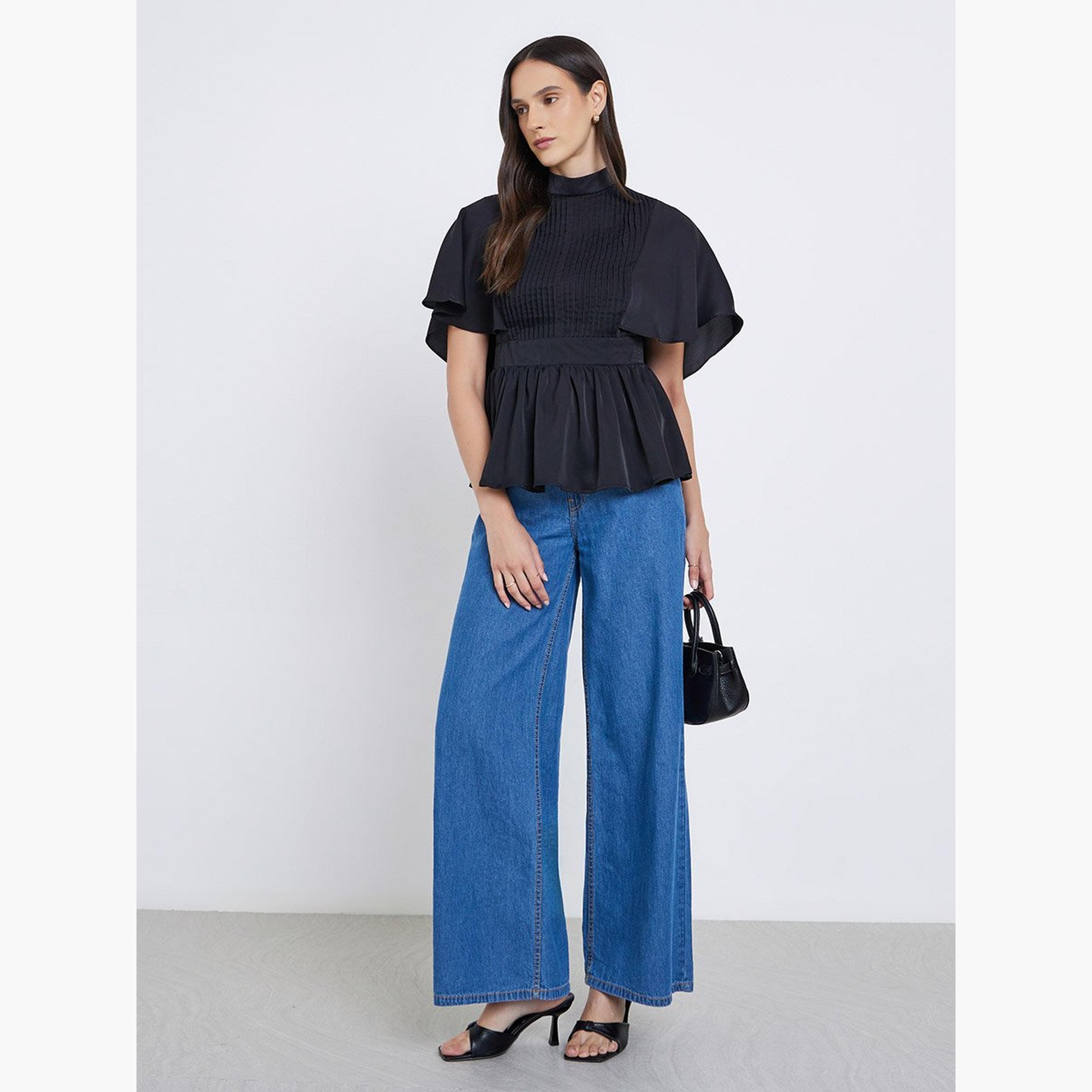 Styli Pleated High Neck Cape Sleeve Blouse-women-clothing-shirtsandblouses-blouses-image-2
