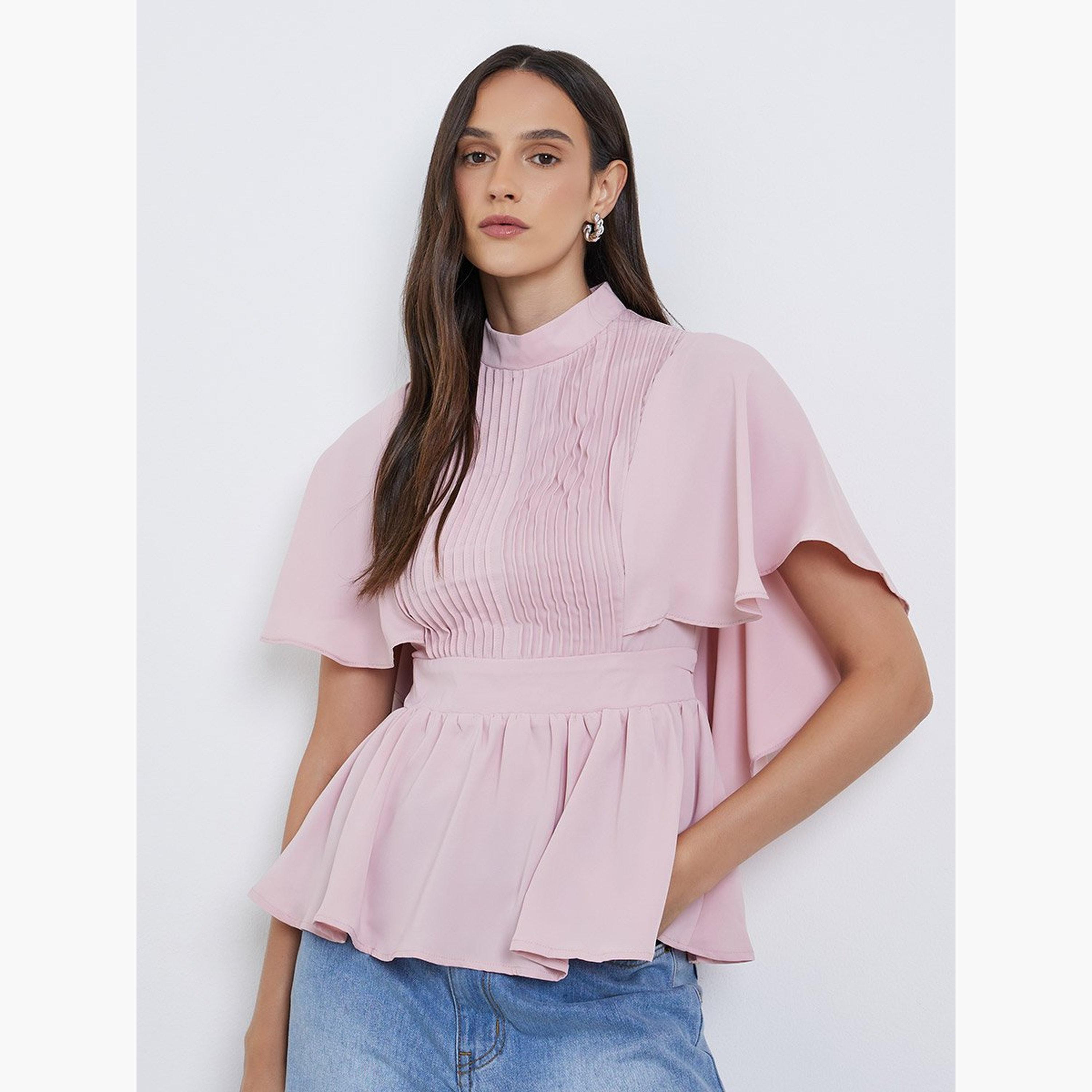 ستايلي - بلوزة مطوية برقبة عالية وأكمام طويلة-women-clothing-shirtsandblouses-blouses-image-1