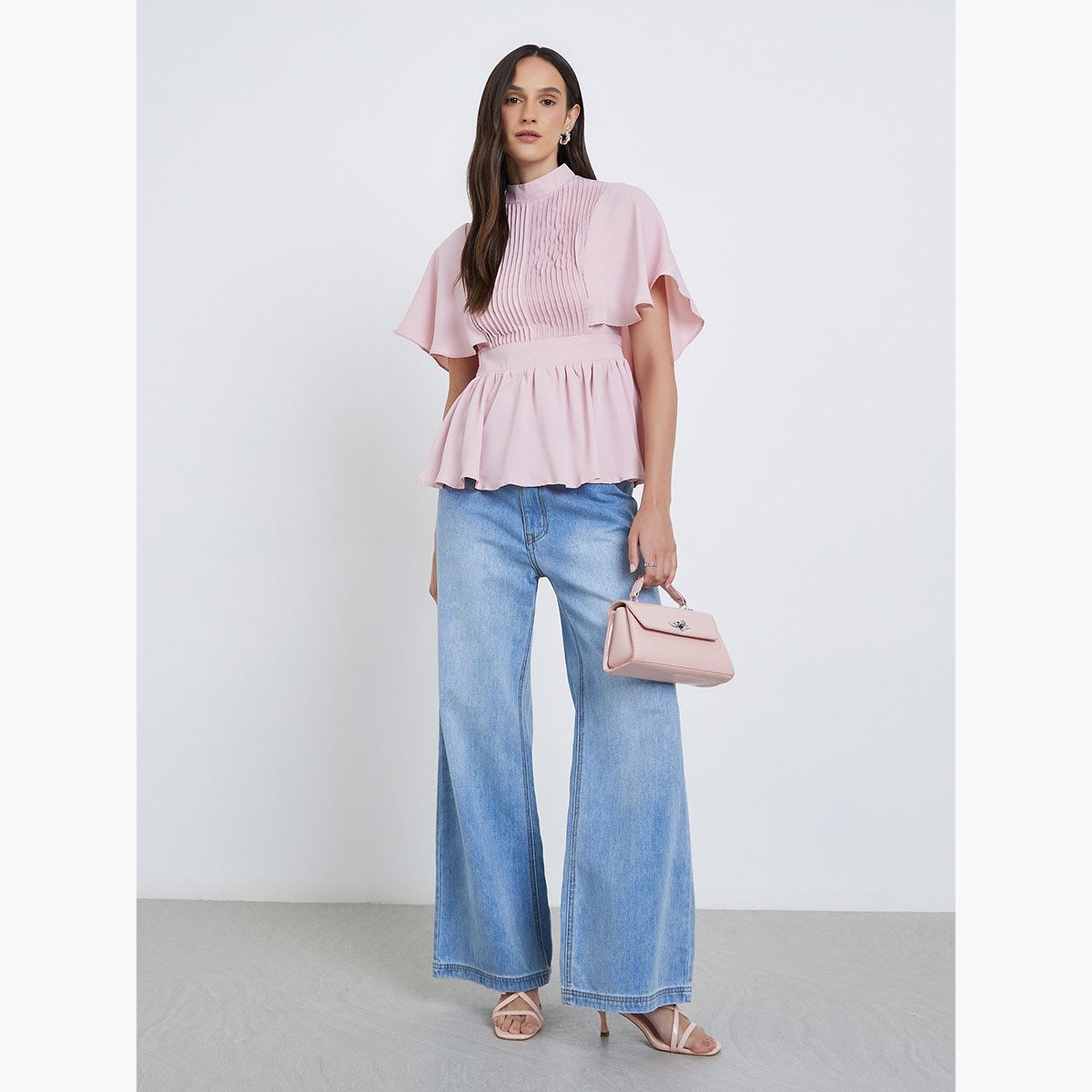 Styli Pleated High Neck Cape Sleeve Blouse-women-clothing-shirtsandblouses-blouses-image-2