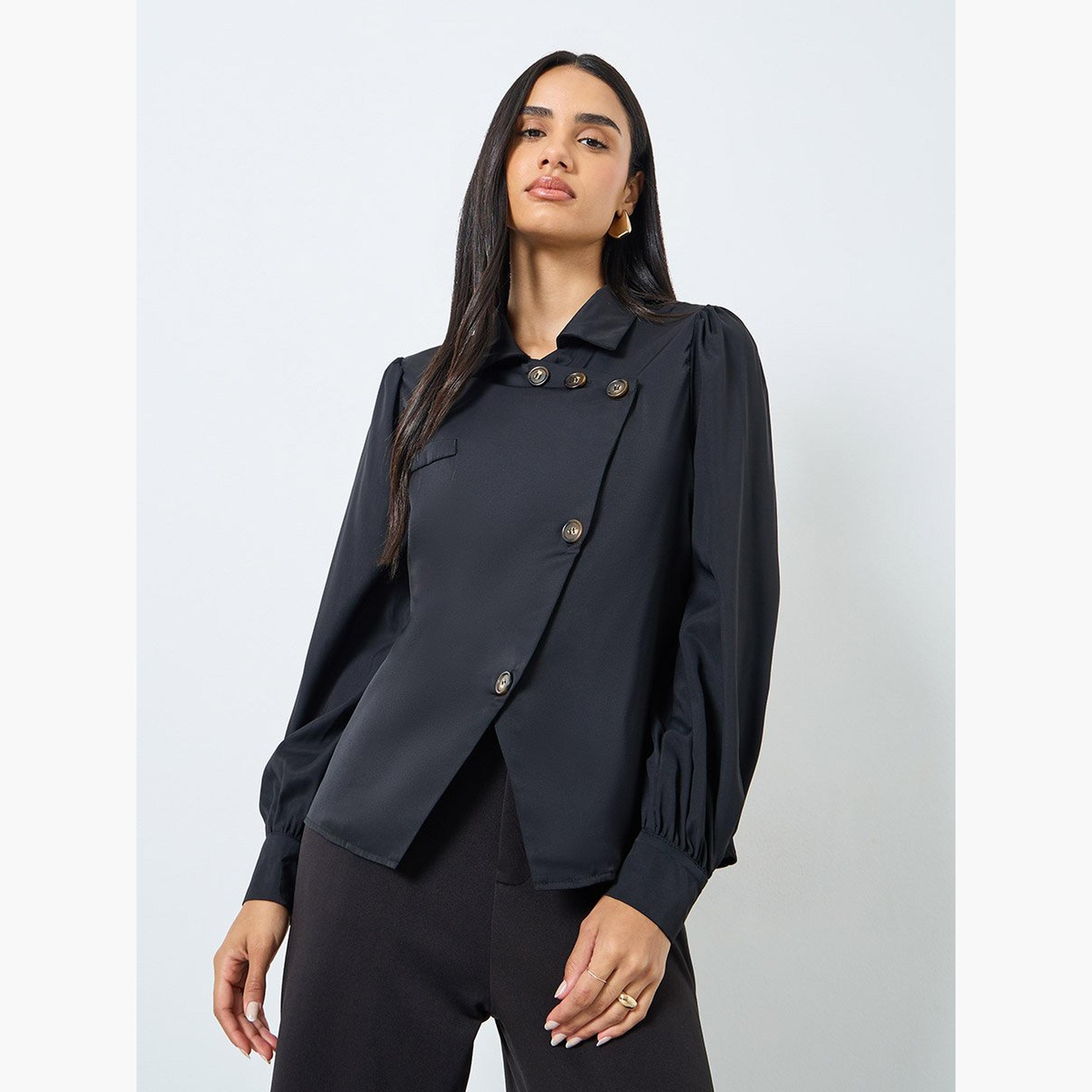 Styli Solid Front Button Balloon Sleeve Blouse-women-clothing-shirtsandblouses-blouses-image-1