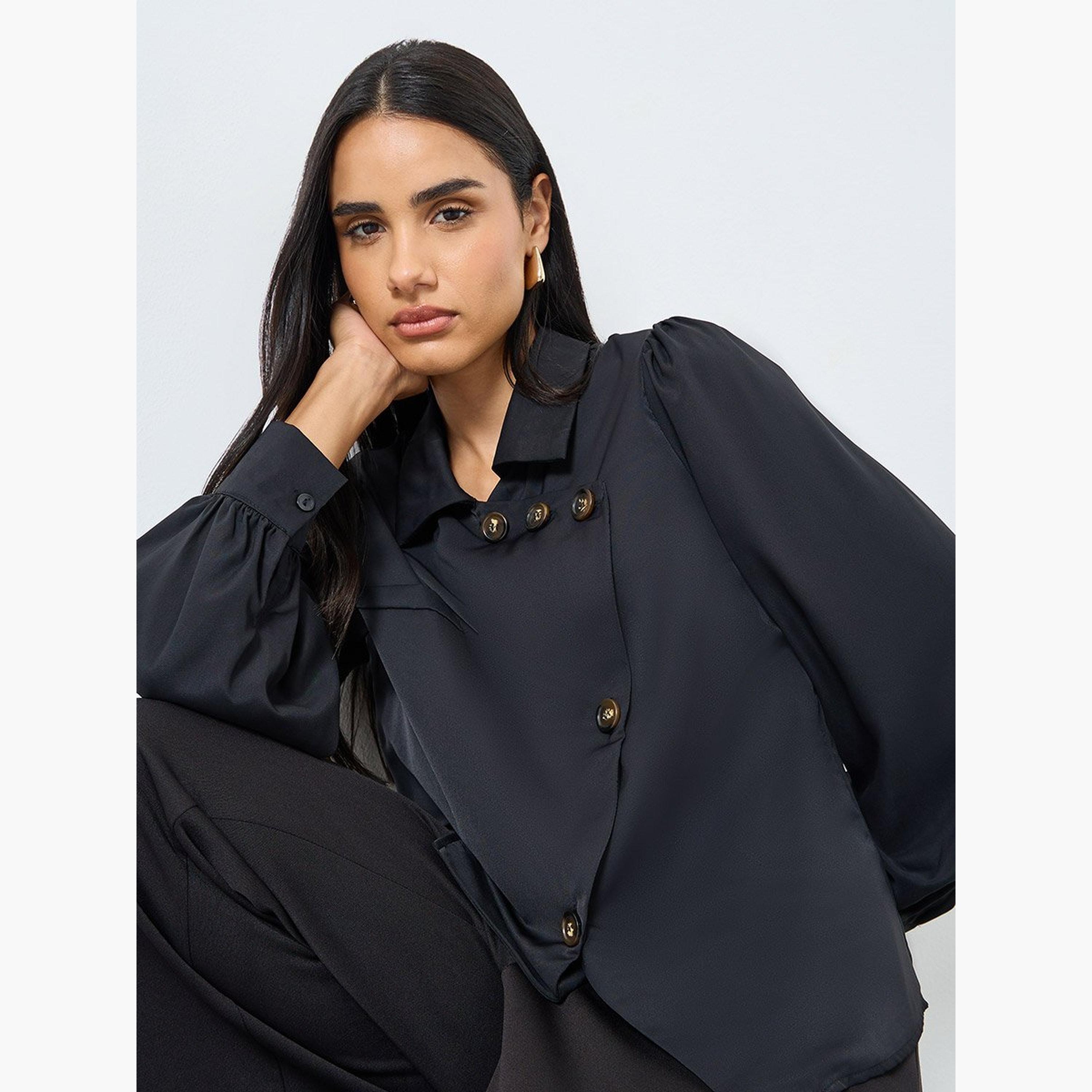 Styli Solid Front Button Balloon Sleeve Blouse-women-clothing-shirtsandblouses-blouses-image-3