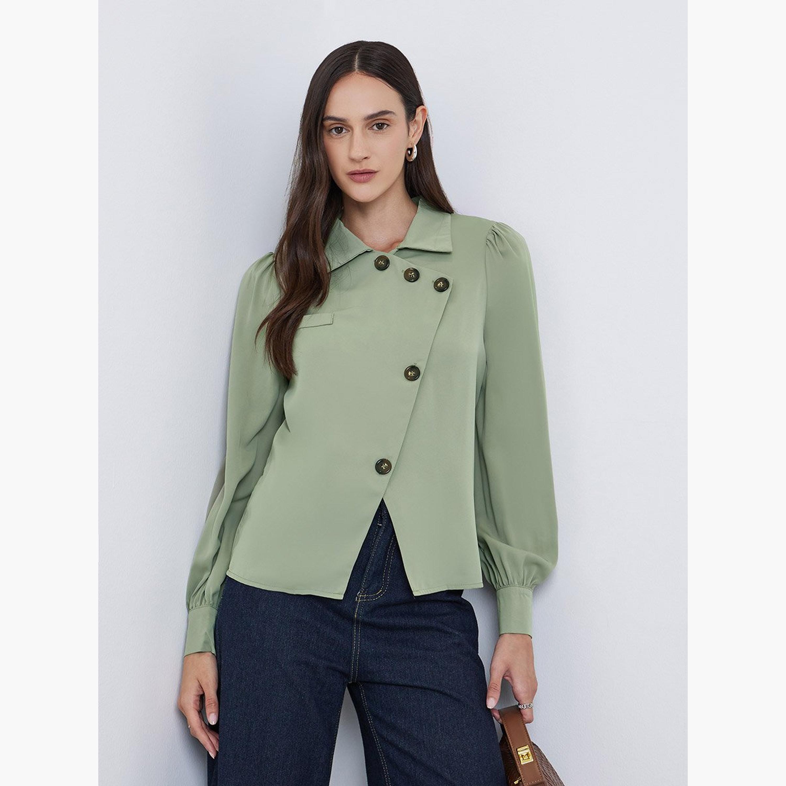 Styli Solid Front Button Balloon Sleeve Blouse-women-clothing-shirtsandblouses-blouses-image-1