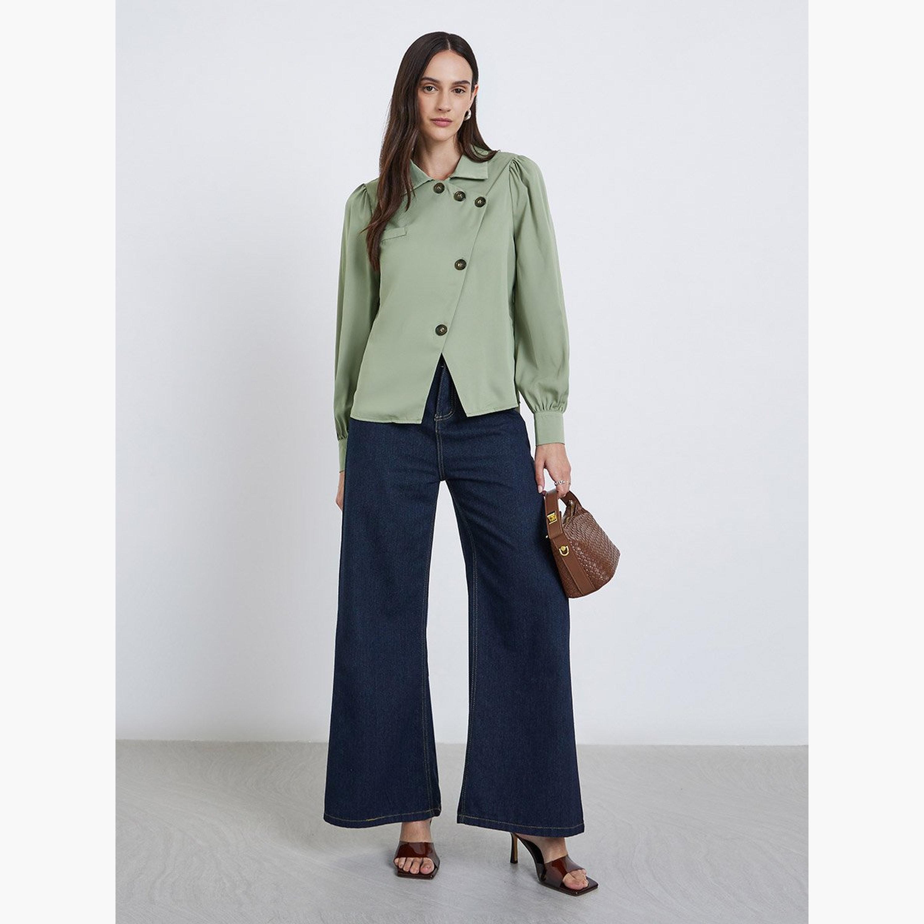 Styli Solid Front Button Balloon Sleeve Blouse-women-clothing-shirtsandblouses-blouses-image-2