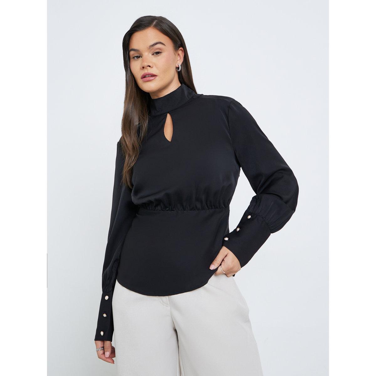 Styli Solid High Keyhole Neck Curved Hem Blouse-women-clothing-shirtsandblouses-blouses-image-1