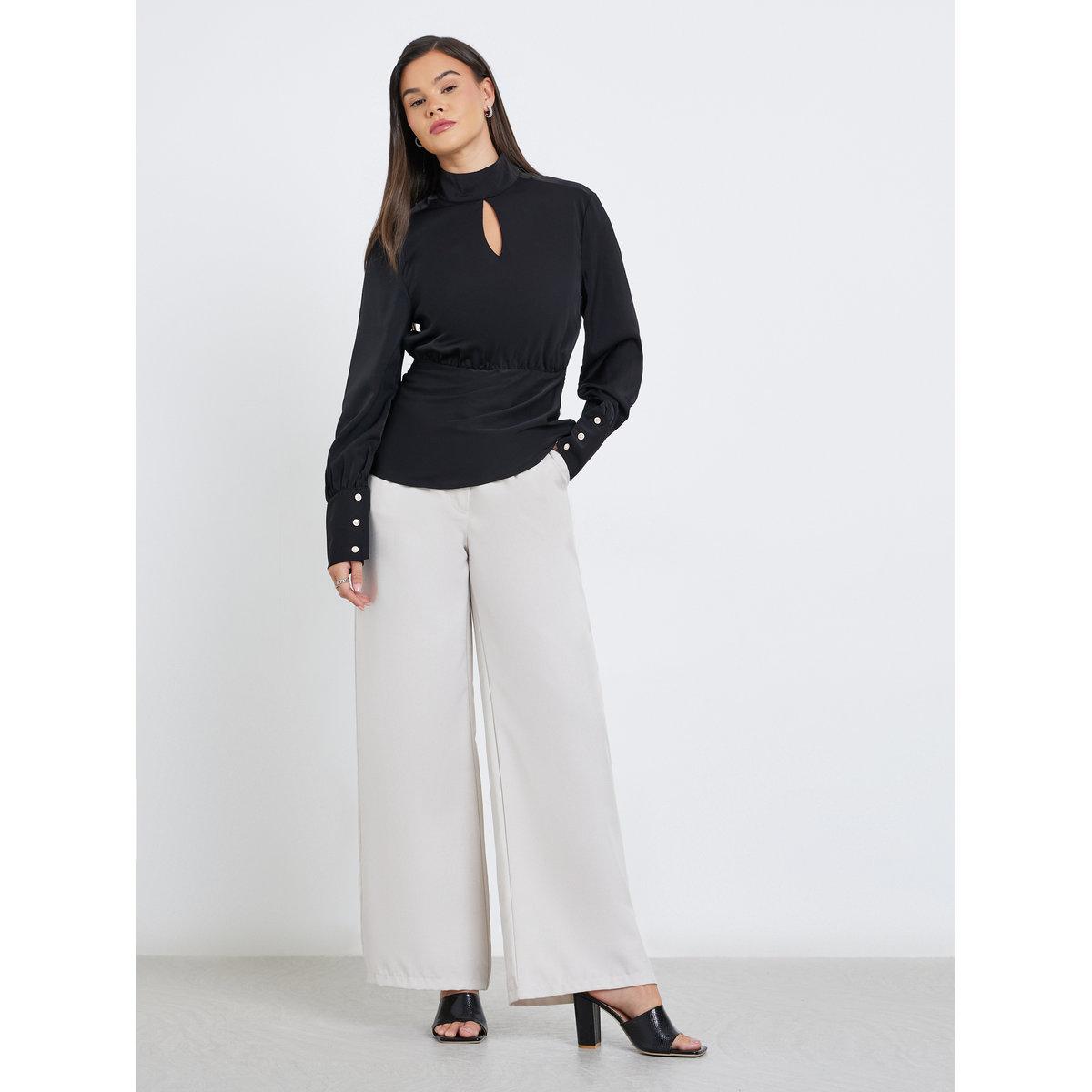 Styli Solid High Keyhole Neck Curved Hem Blouse-women-clothing-shirtsandblouses-blouses-image-2