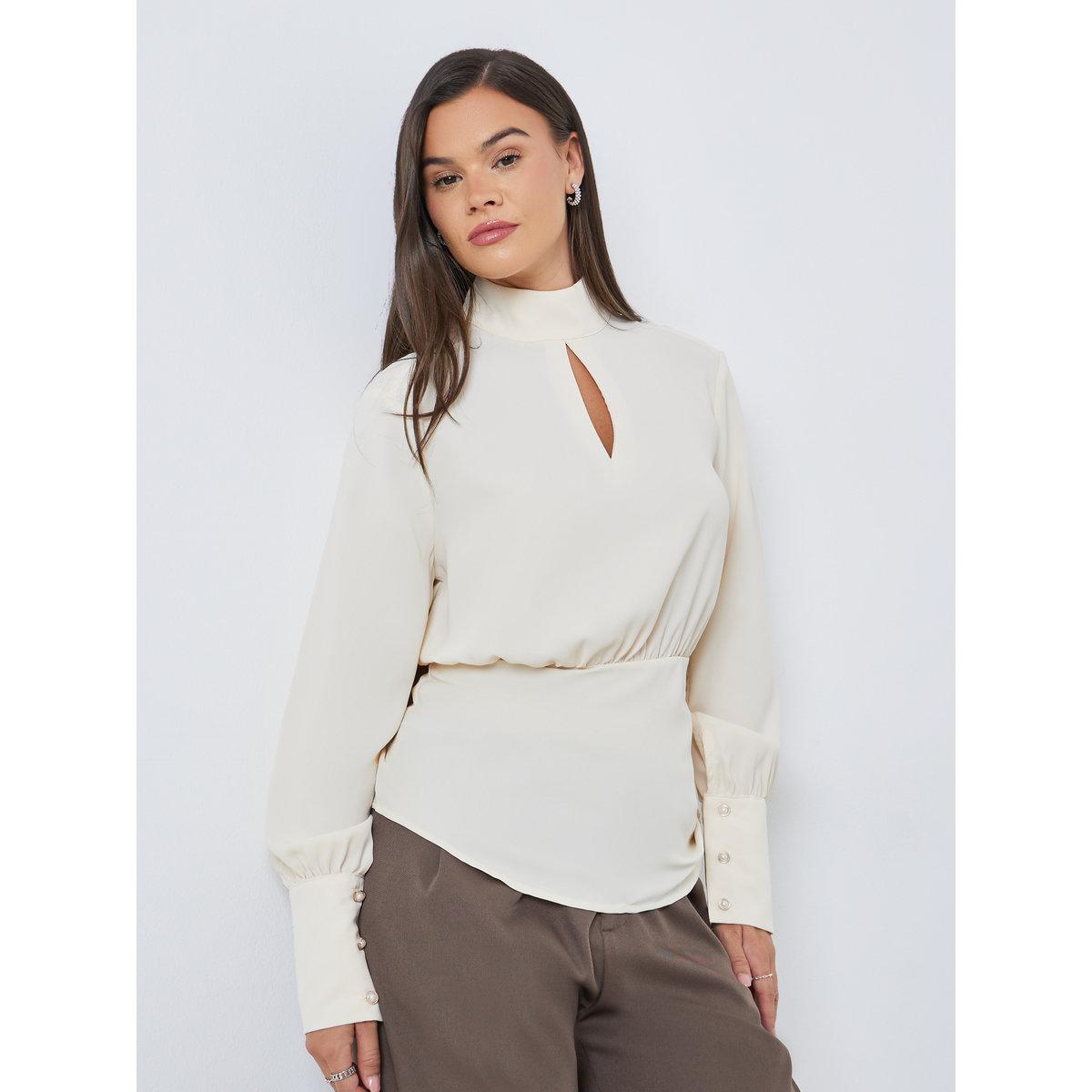 Styli Solid High Keyhole Neck Curved Hem Blouse-women-clothing-shirtsandblouses-blouses-image-1