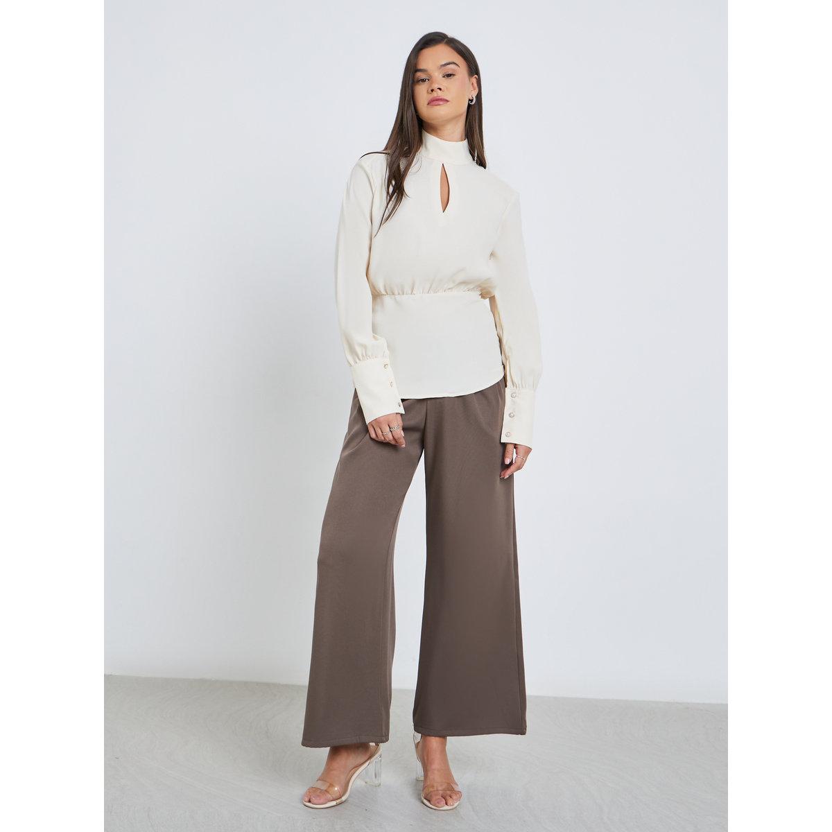 Styli Solid High Keyhole Neck Curved Hem Blouse-women-clothing-shirtsandblouses-blouses-image-2