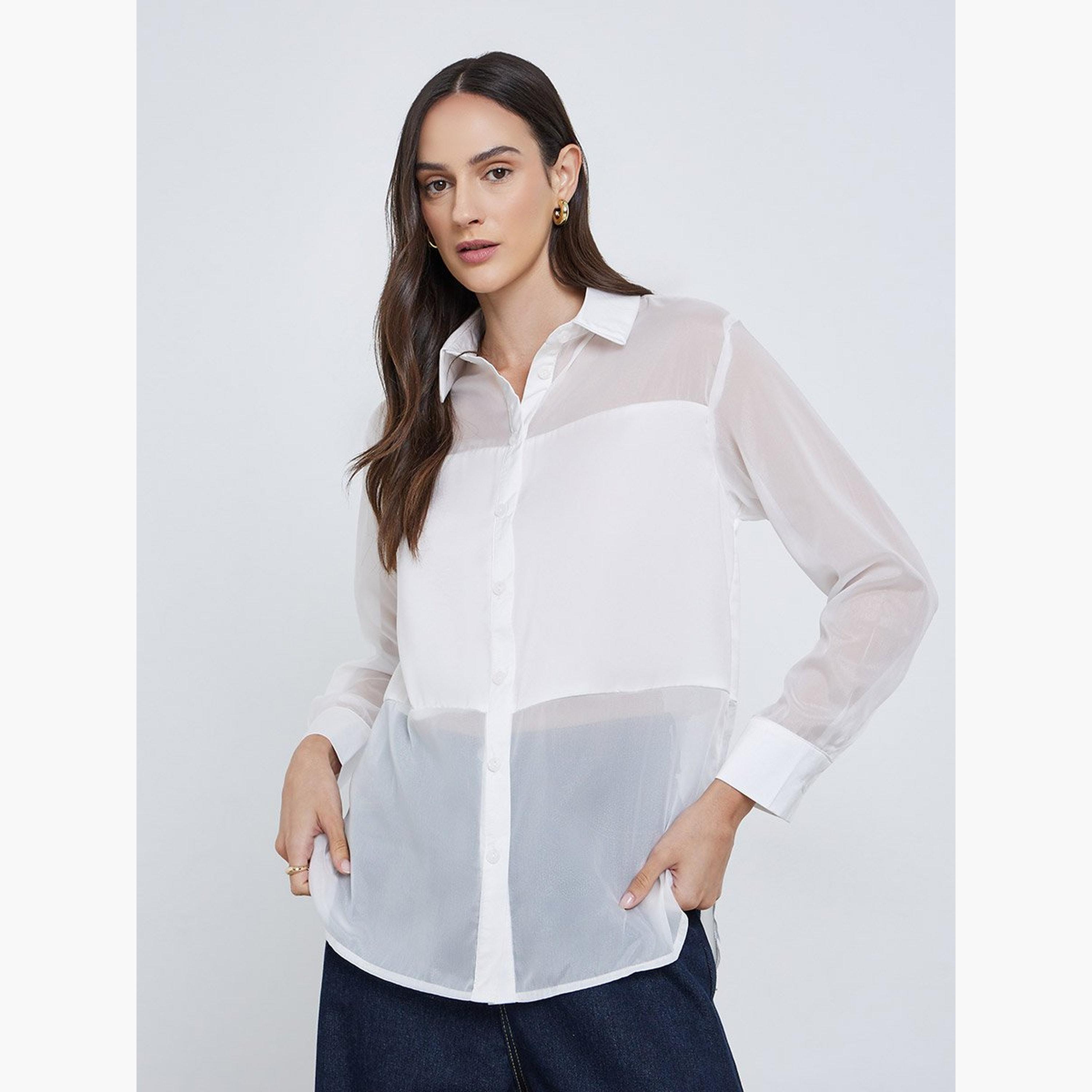 Styli Solid Spread Collar Buttoned Shirt-women-clothing-shirtsandblouses-shirts-image-1