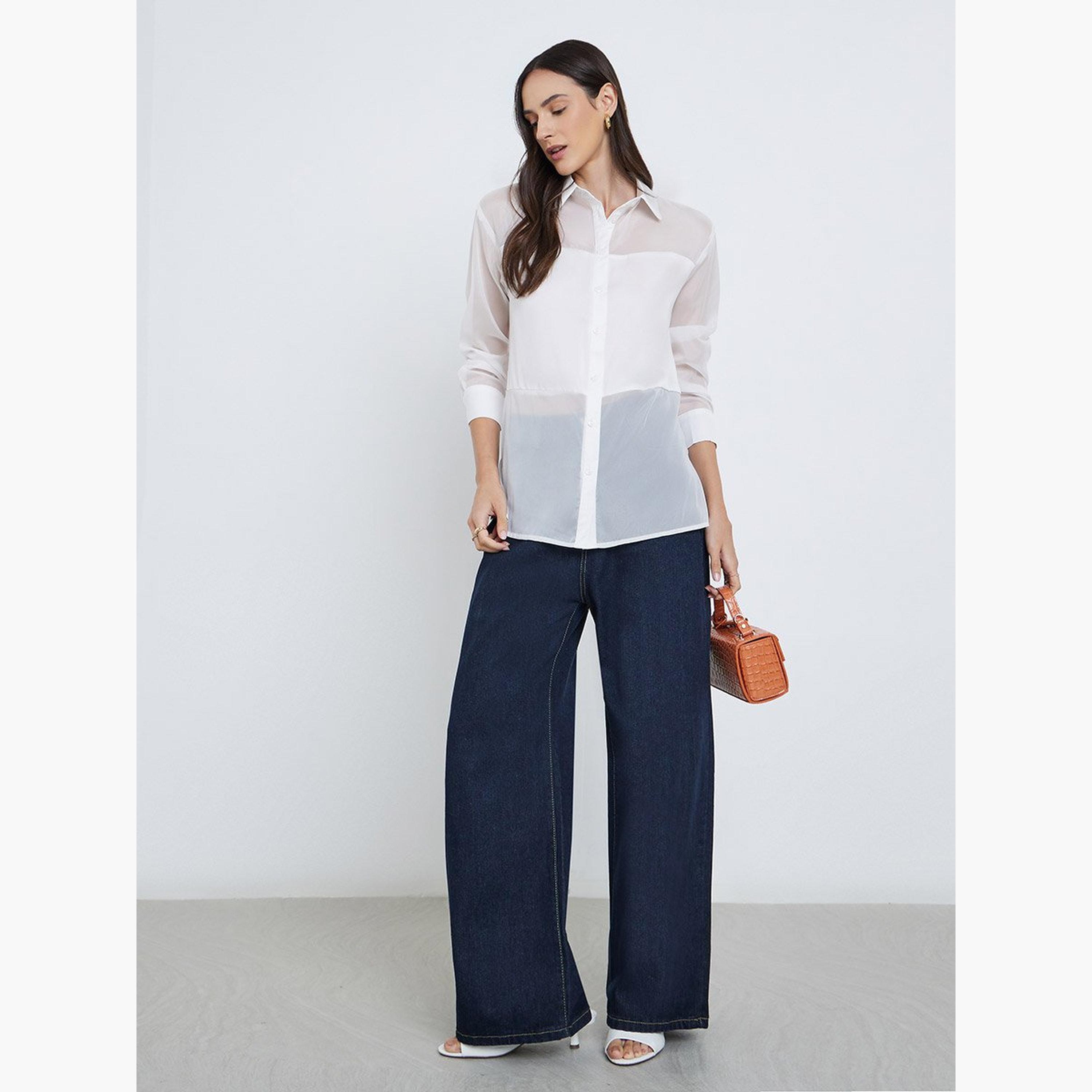 ستايلي - قميص سادة ياقة واسعة وأزرار-women-clothing-shirtsandblouses-shirts-image-3