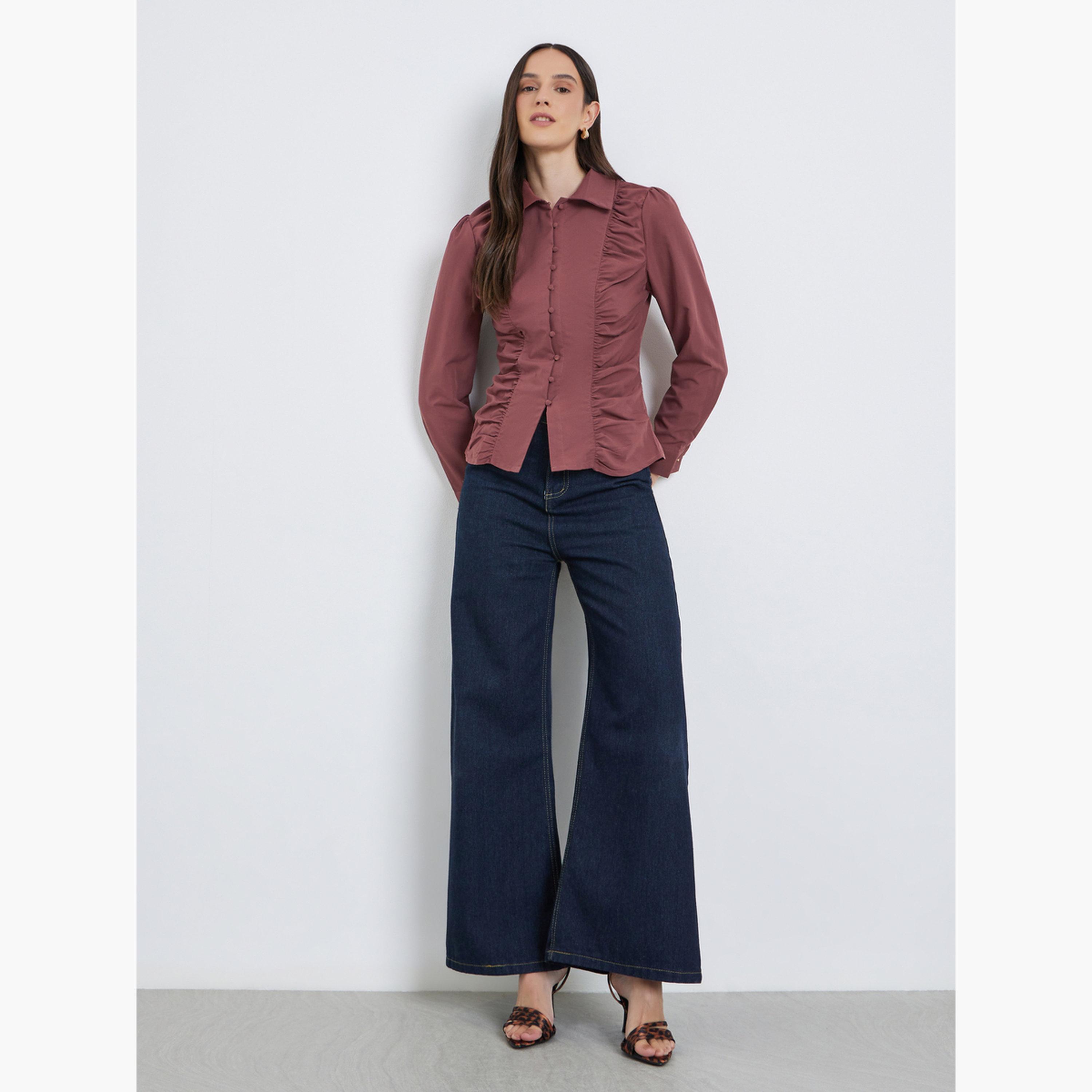 ستايلي - قميص بني بأكمام طويلة ومكشكش من الأمام-women-clothing-shirtsandblouses-shirts-image-2