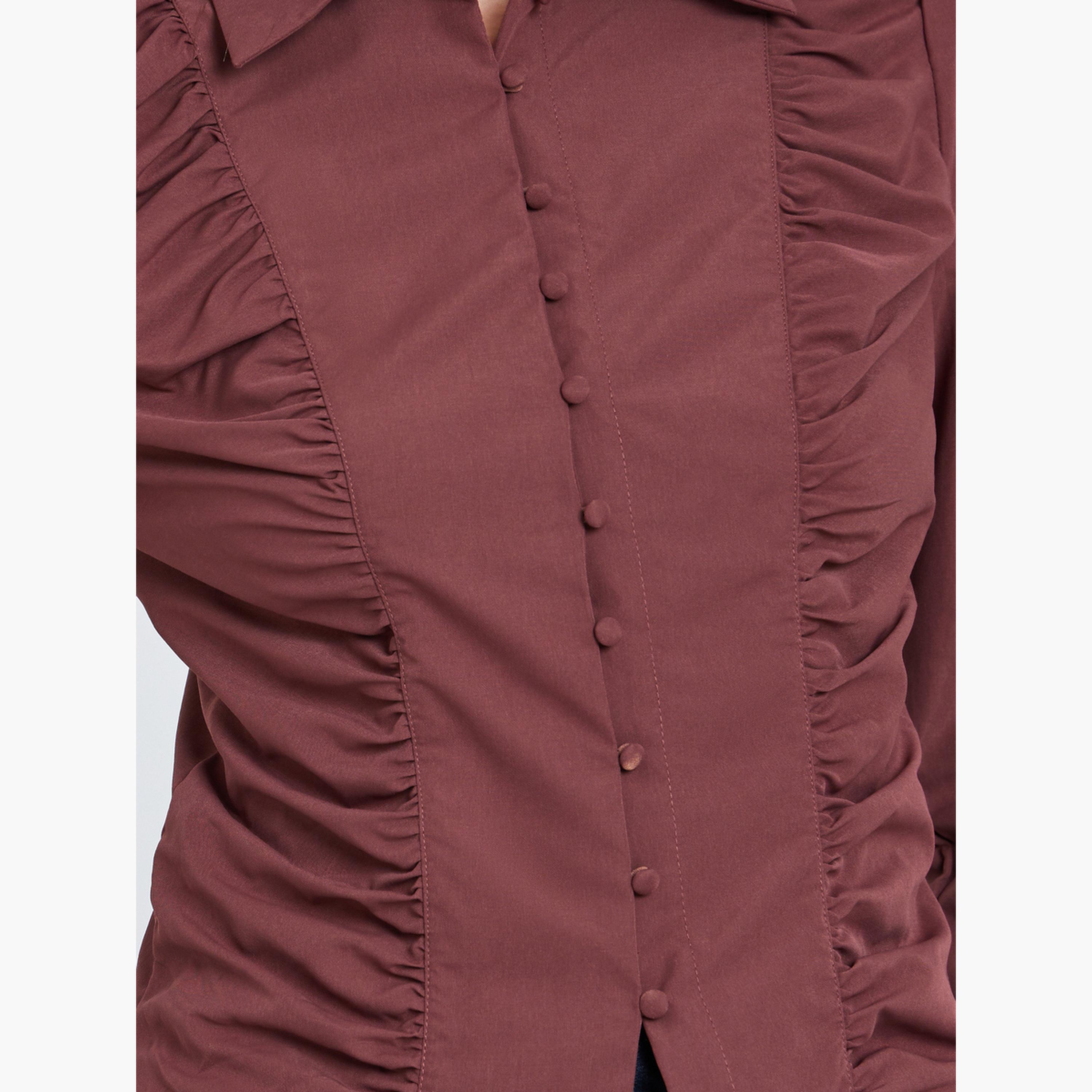 Styli Brown Ruched Front Long Sleeve Shirt-women-clothing-shirtsandblouses-shirts-image-3