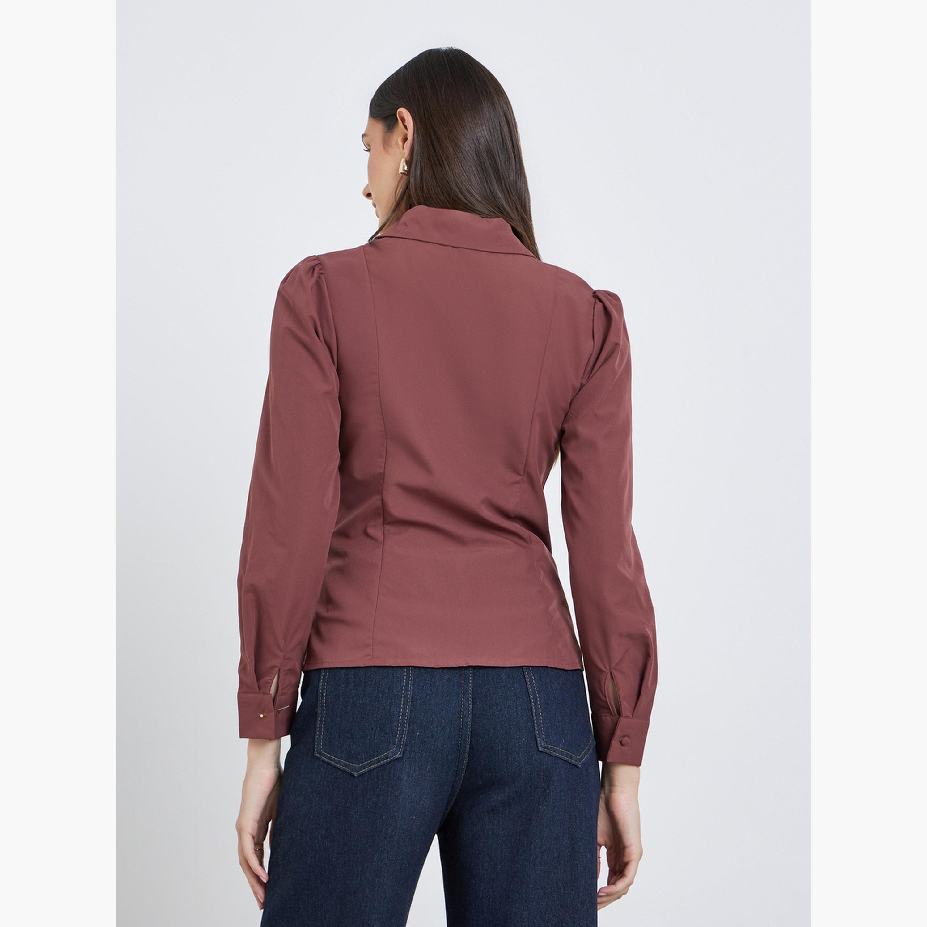 Styli Brown Ruched Front Long Sleeve Shirt-women-clothing-shirtsandblouses-shirts-image-4