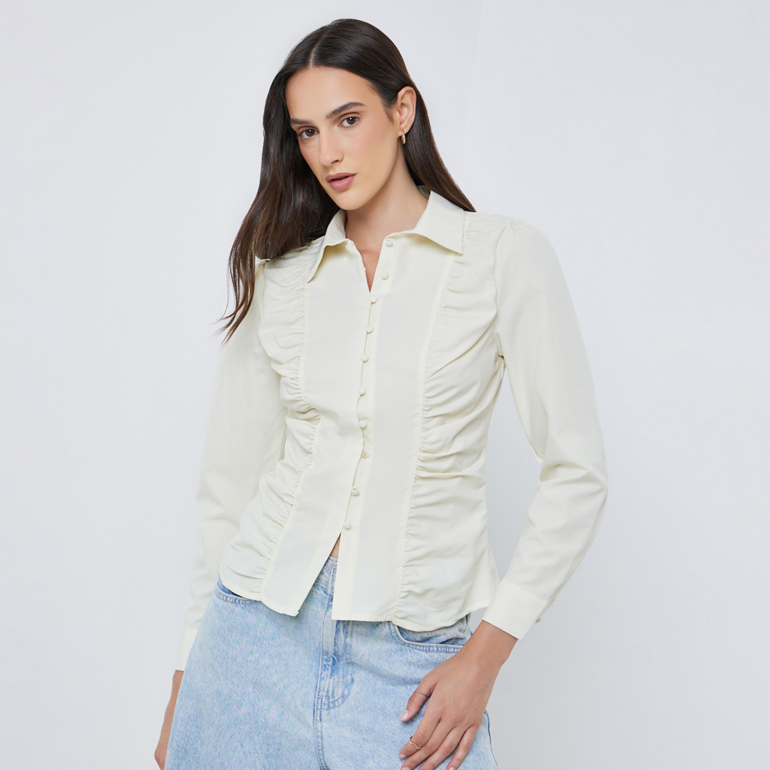 ستايلي - قميص كريمي بأكمام طويلة مع كشكشة أمامية-women-clothing-shirtsandblouses-shirts-image-1