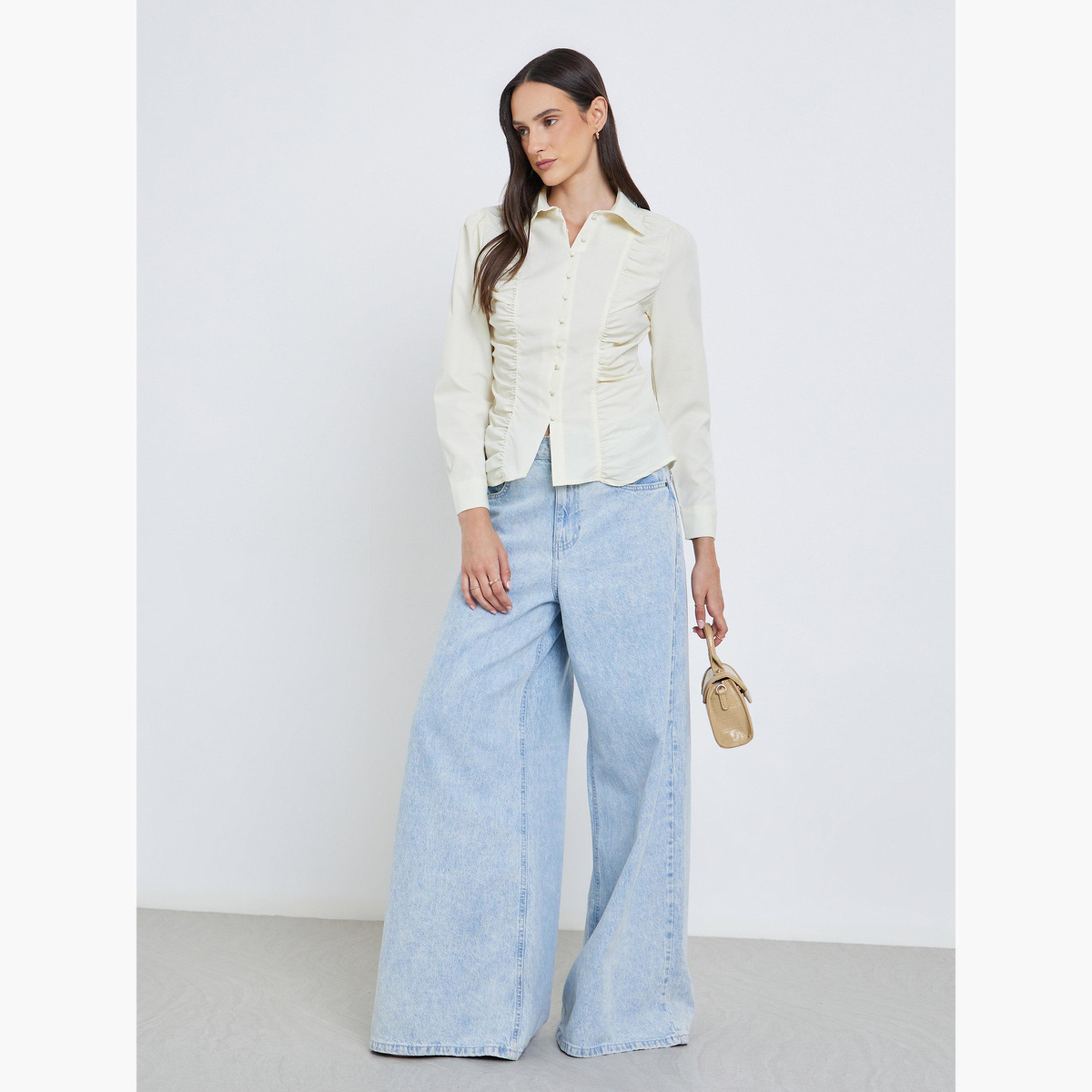 ستايلي - قميص كريمي بأكمام طويلة مع كشكشة أمامية-women-clothing-shirtsandblouses-shirts-image-2