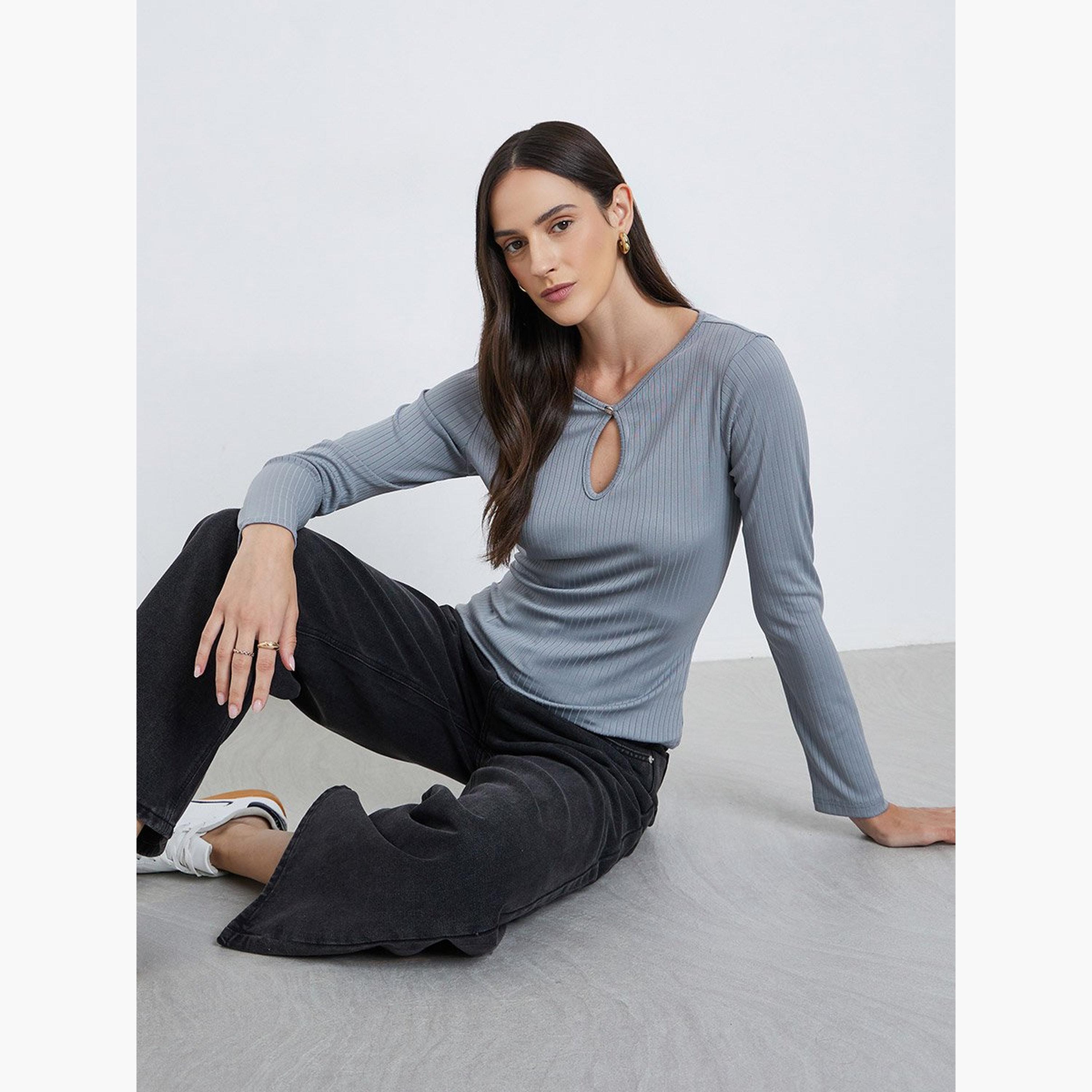 Styli Grey Ribbed Knit Top with Keyhole Detail-women-clothing-tshirts-image-2