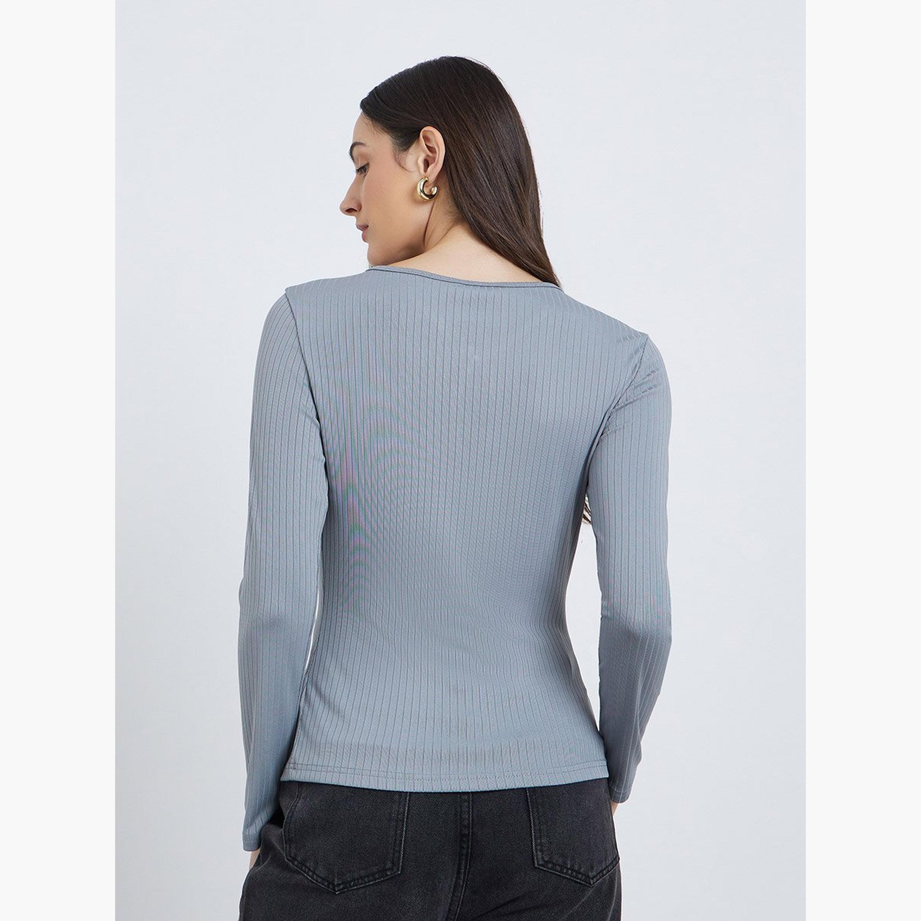 ستايلي - بلوزة رمادية محبوكة مضلعة مع تفاصيل ثقب المفتاح-women-clothing-tshirts-image-4