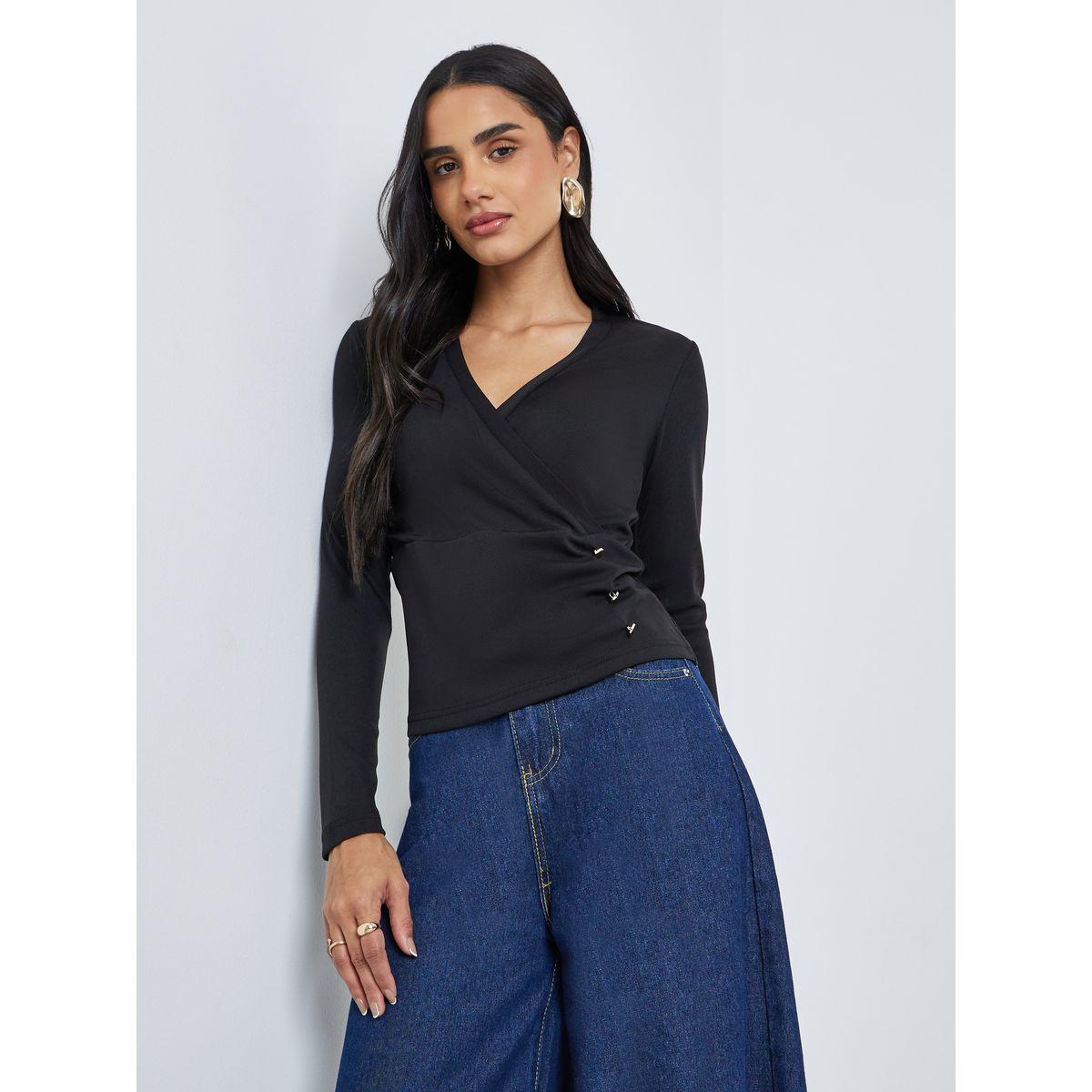 Styli Textured Wrap Buttoned Rib Top-women-clothing-shirtsandblouses-blouses-image-1