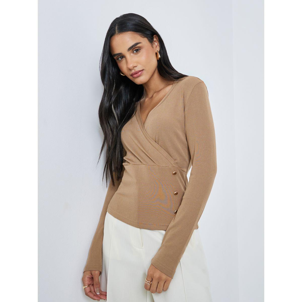 Styli Textured Wrap Buttoned Rib Top-women-clothing-shirtsandblouses-blouses-image-1