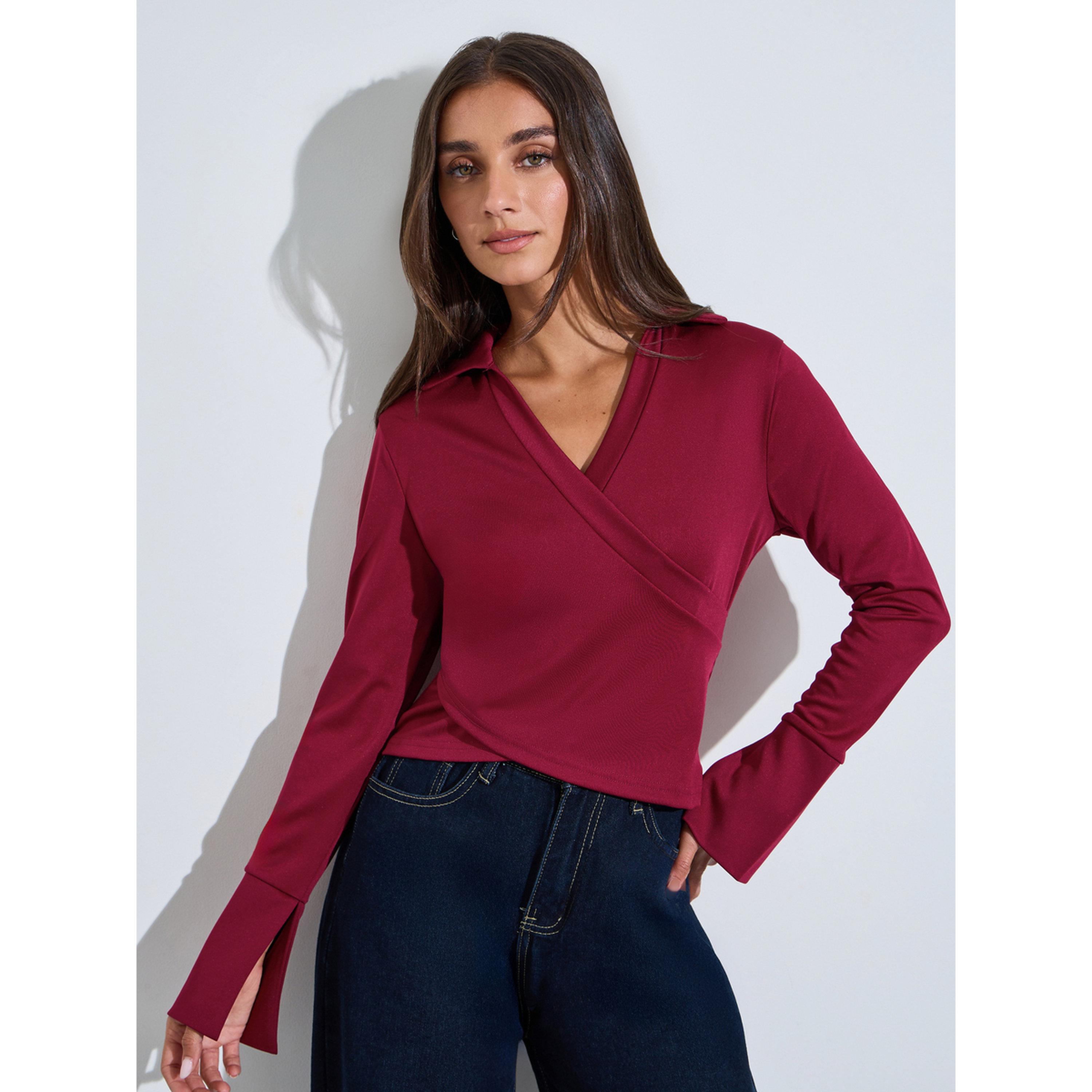 بلوزة بقصة متداخلة وأكمام طويلة واسعة باللون البرغندي-women-clothing-shirtsandblouses-blouses-image-1