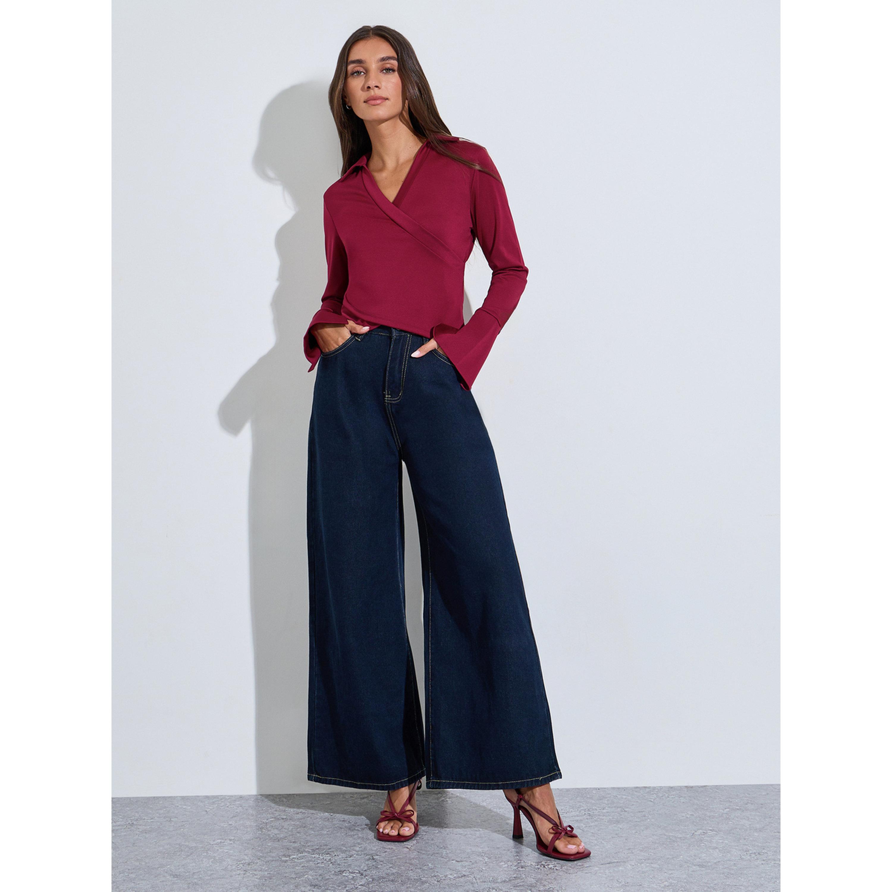 Styli Burgundy Flared Long Sleeve Wrap Top-women-clothing-shirtsandblouses-blouses-image-2