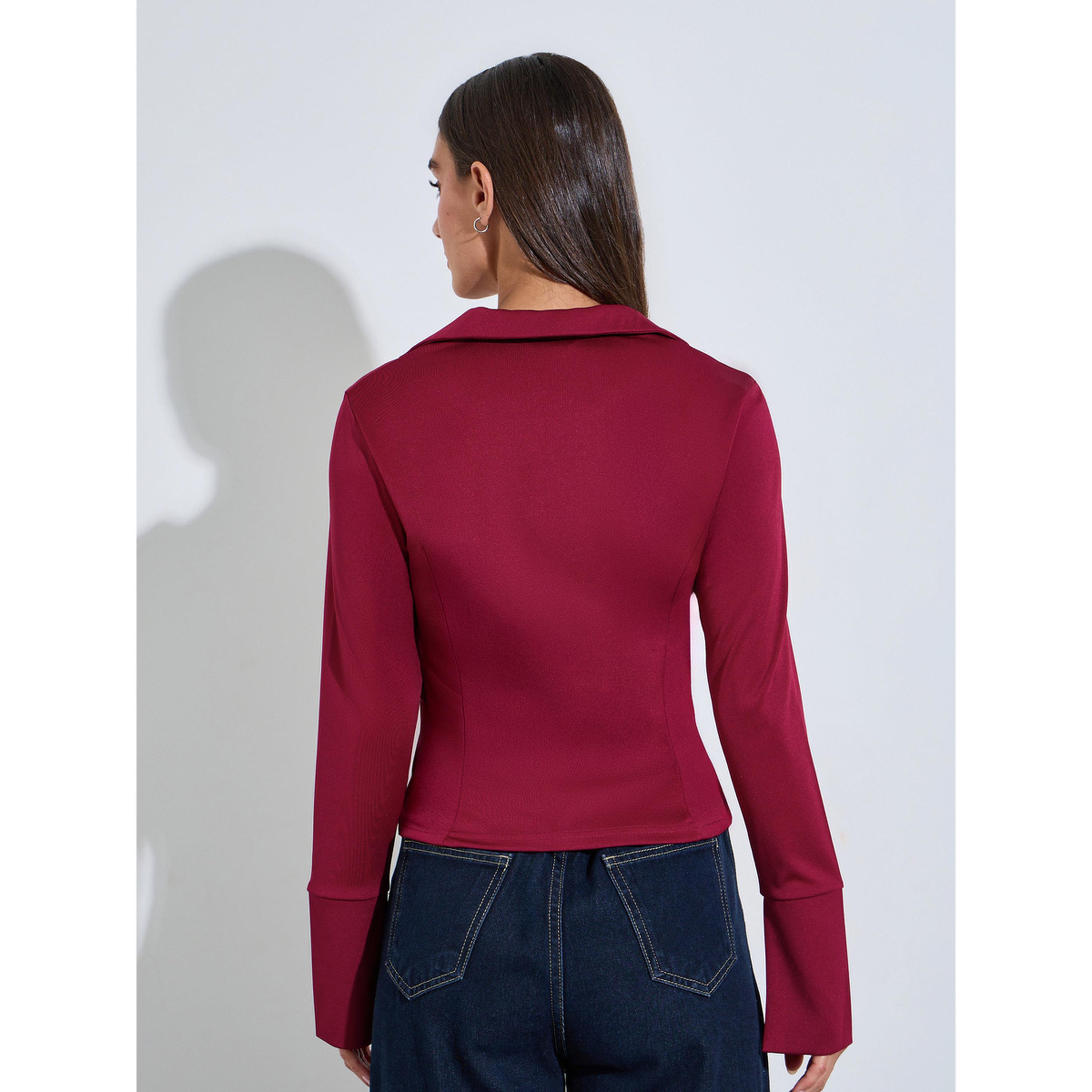 Styli Burgundy Flared Long Sleeve Wrap Top-women-clothing-shirtsandblouses-blouses-image-3