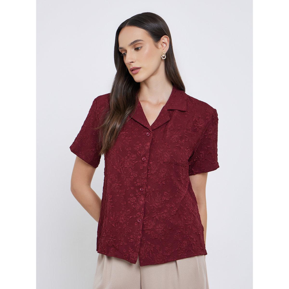 Styli Jacquard Buttoned Short Sleeve Shirt-women-clothing-shirtsandblouses-shirts-image-1