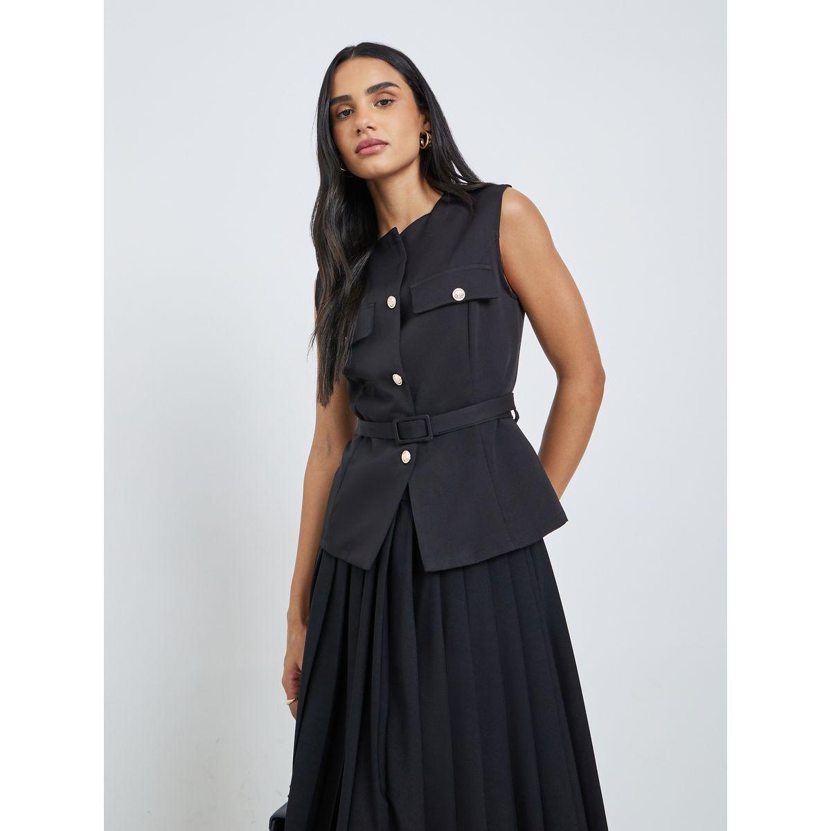 Styli Sleeveless Round Neck Belted Waistcoat-women-clothing-coatsandjackets-waistcoats-image-1