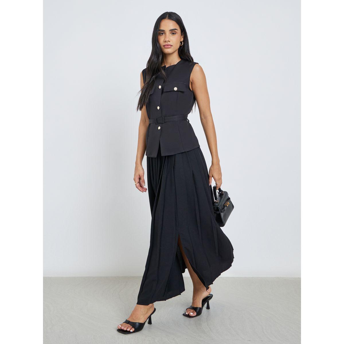 Styli Sleeveless Round Neck Belted Waistcoat-women-clothing-coatsandjackets-waistcoats-image-2