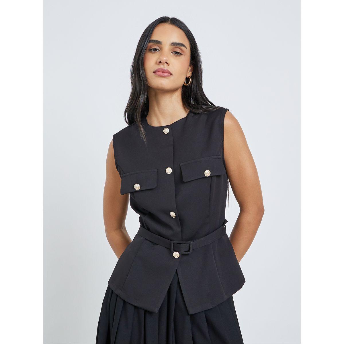 Styli Sleeveless Round Neck Belted Waistcoat-women-clothing-coatsandjackets-waistcoats-image-3