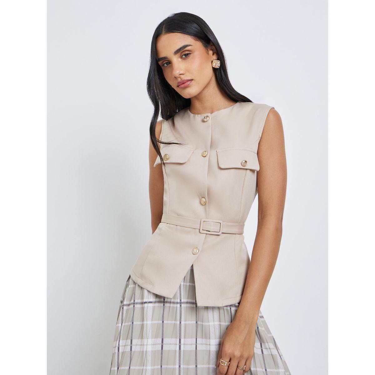 Styli Sleeveless Round Neck Belted Waistcoat-women-clothing-coatsandjackets-waistcoats-image-1