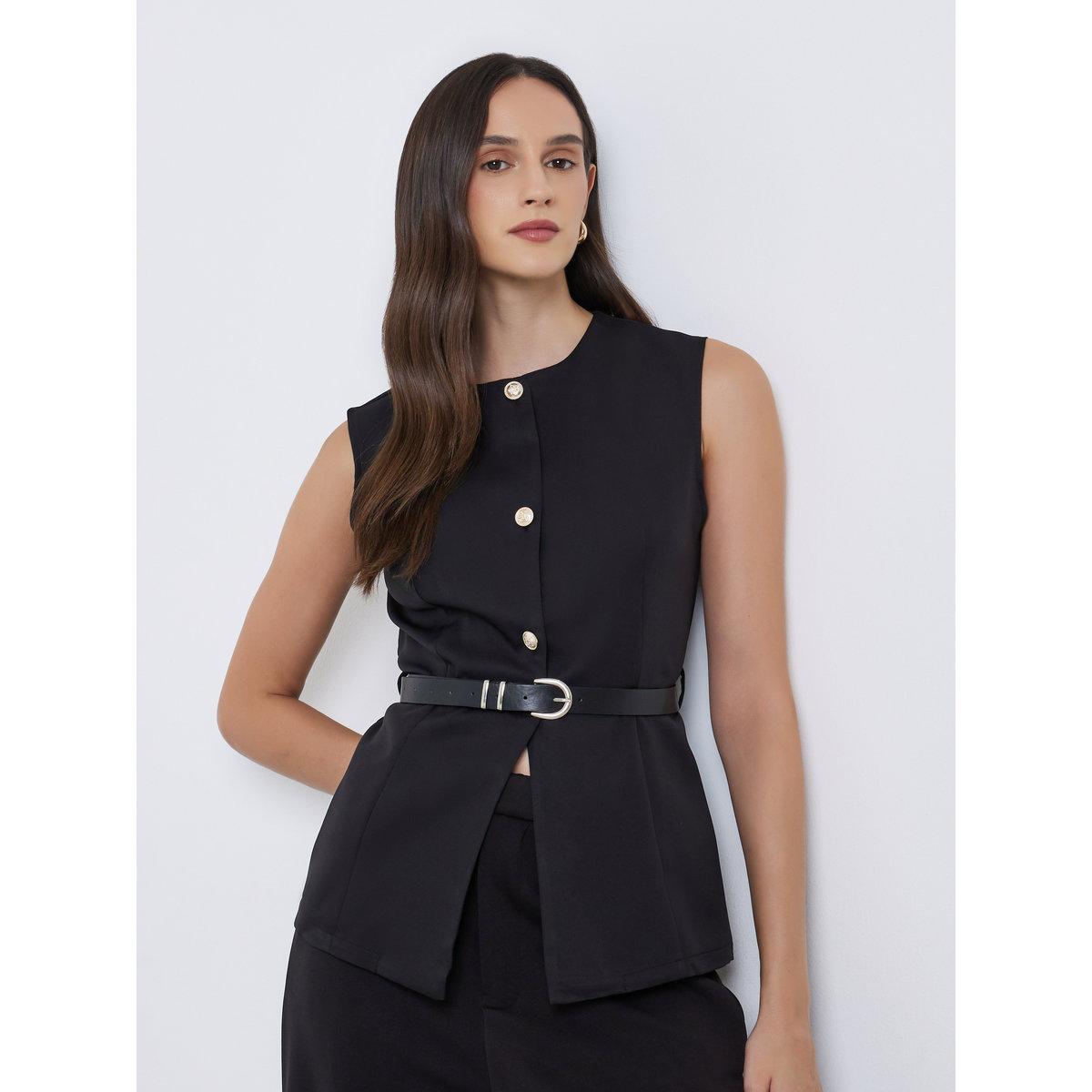Styli Round Neck Buttoned Waistcoat with Belt-women-clothing-coatsandjackets-waistcoats-image-1
