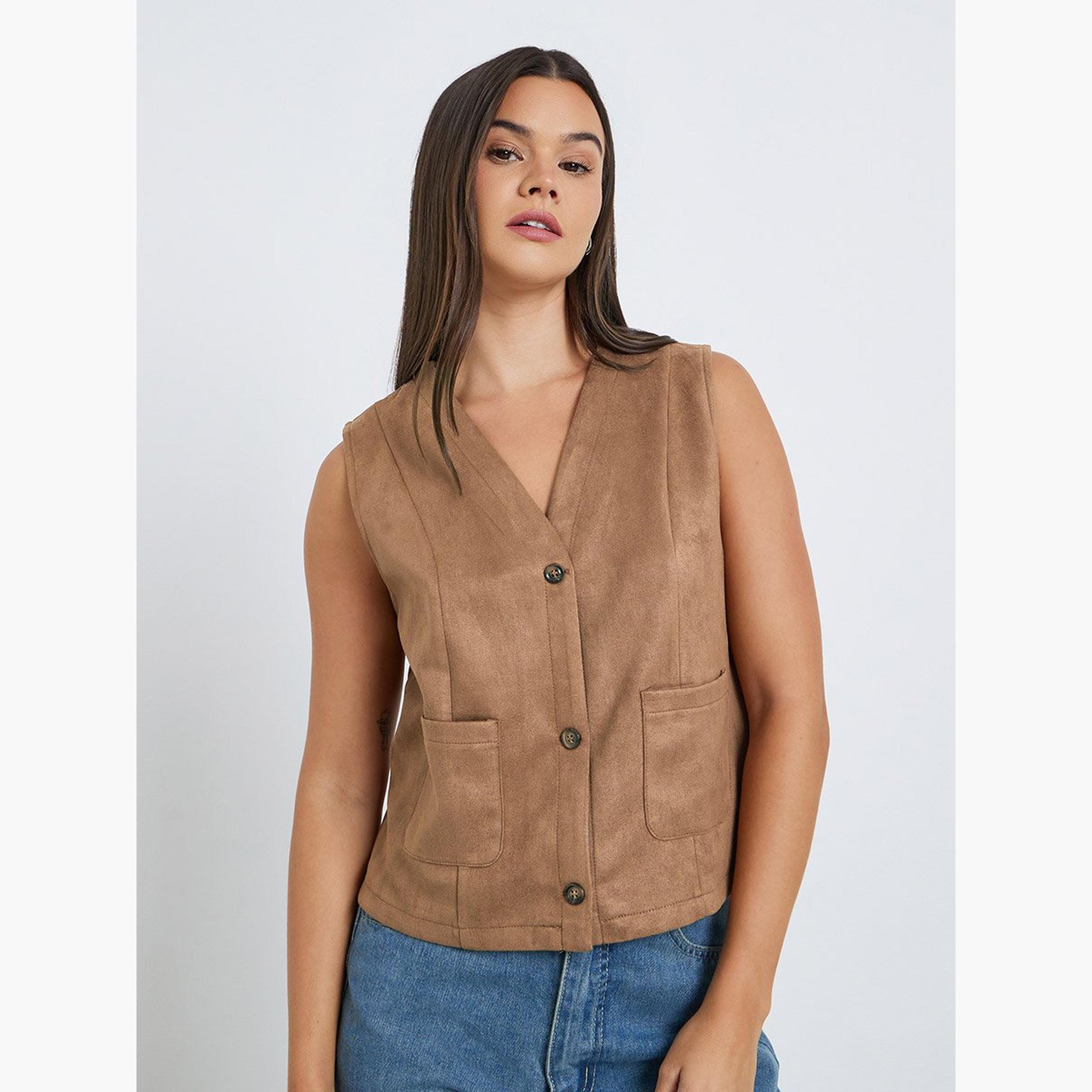 Styli Suede Look Waistcoat with Pockets-women-clothing-coatsandjackets-waistcoats-image-1