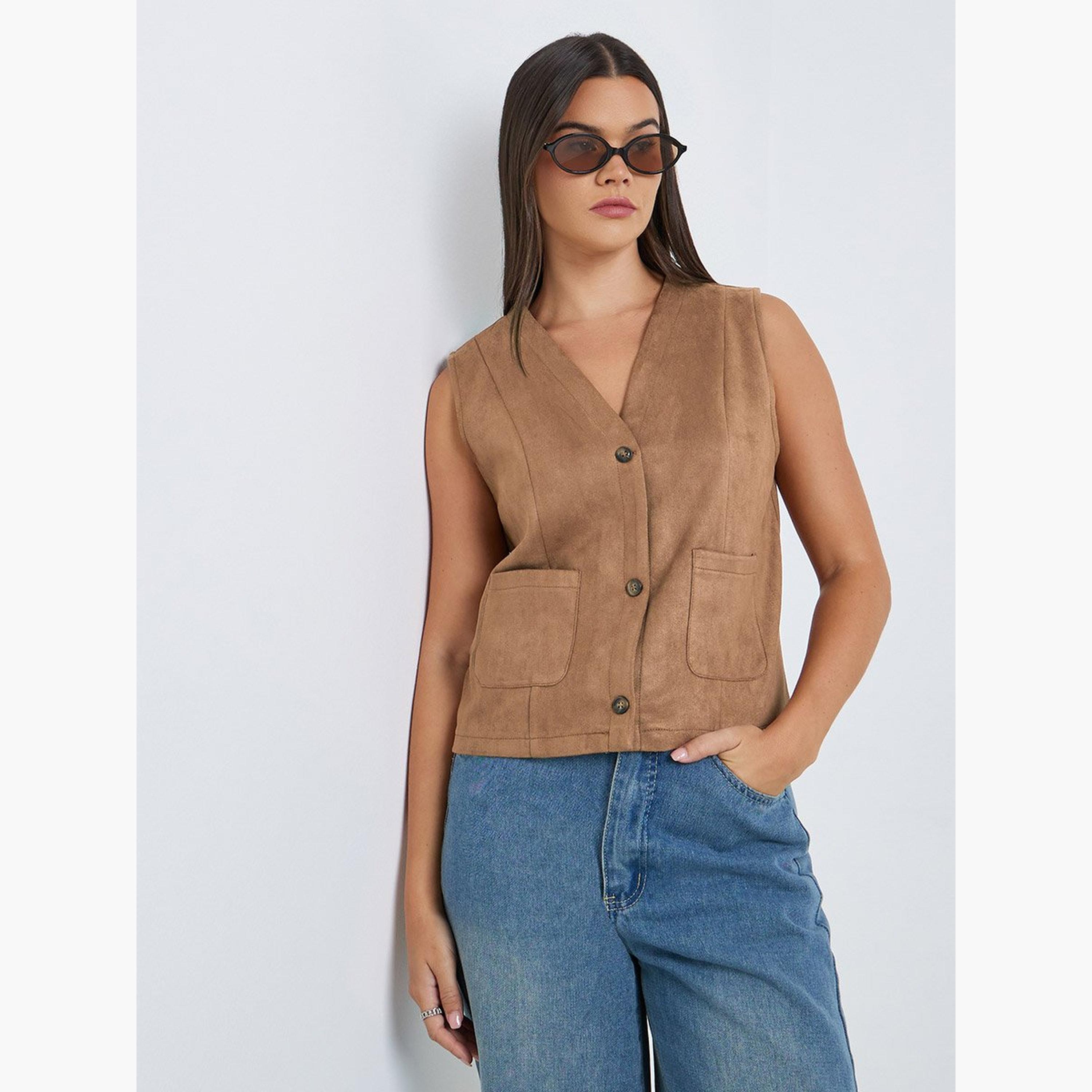 Styli Suede Look Waistcoat with Pockets-women-clothing-coatsandjackets-waistcoats-image-3