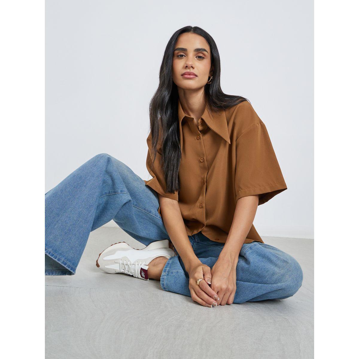 Styli Solid Buttoned Spread Collar Shirt-women-clothing-shirtsandblouses-shirts-image-1