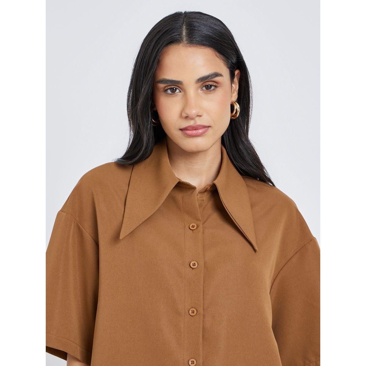 Styli Solid Buttoned Spread Collar Shirt-women-clothing-shirtsandblouses-shirts-image-4