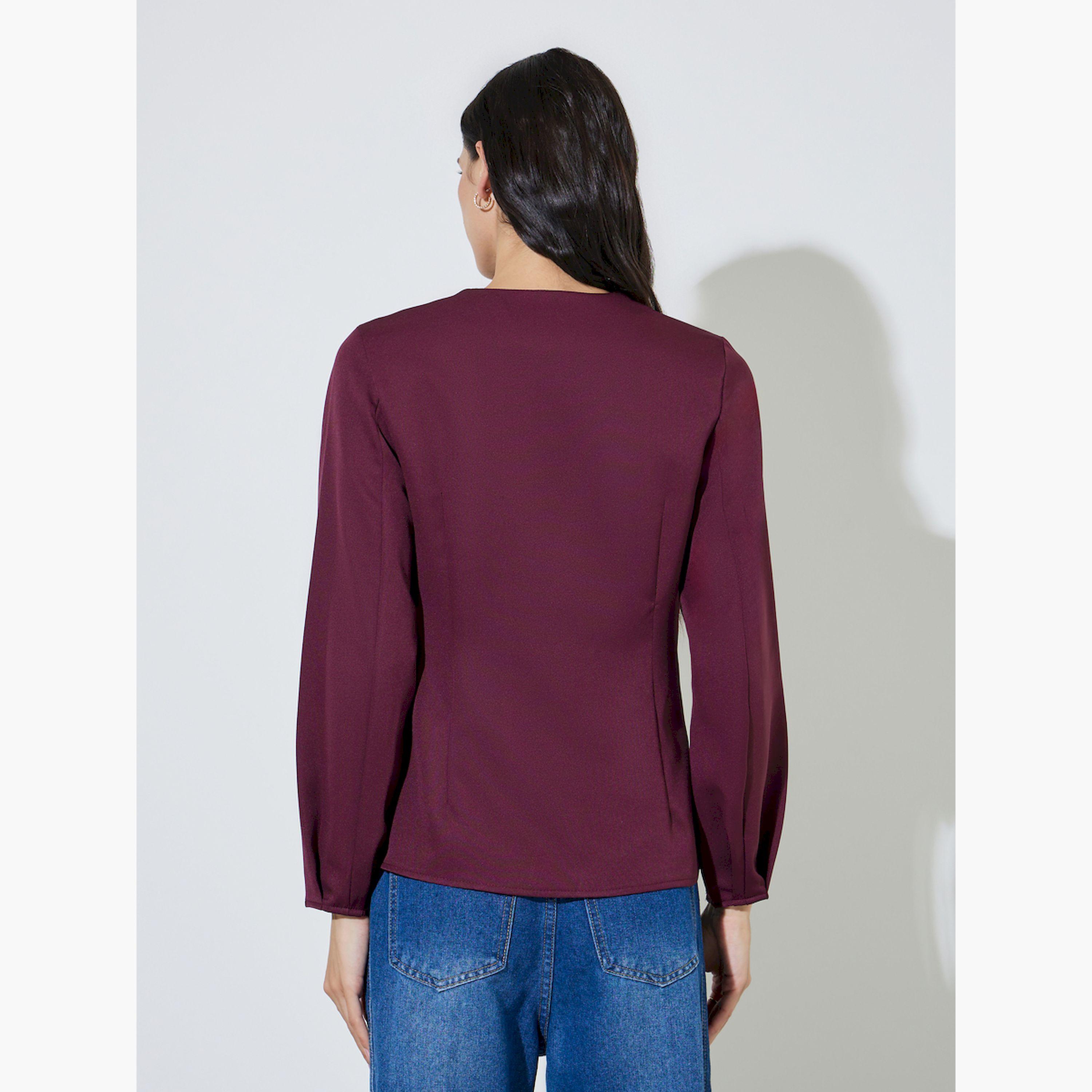 Styli Burgundy Button Down Long Sleeves Blouse-women-clothing-shirtsandblouses-blouses-image-2