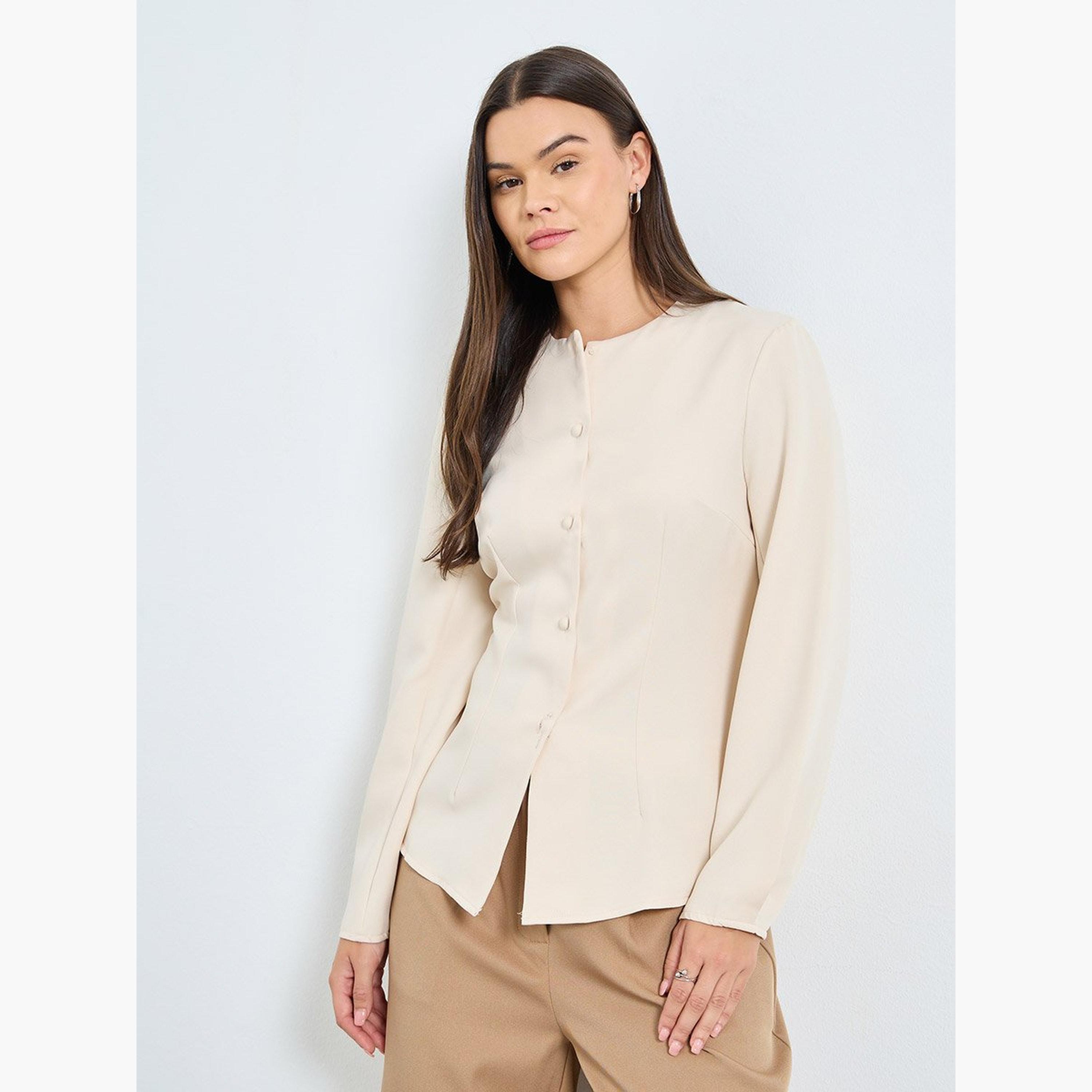 ستايلي - بلوزة سادة بأكمام طويلة وأزرار-women-clothing-shirtsandblouses-blouses-image-1