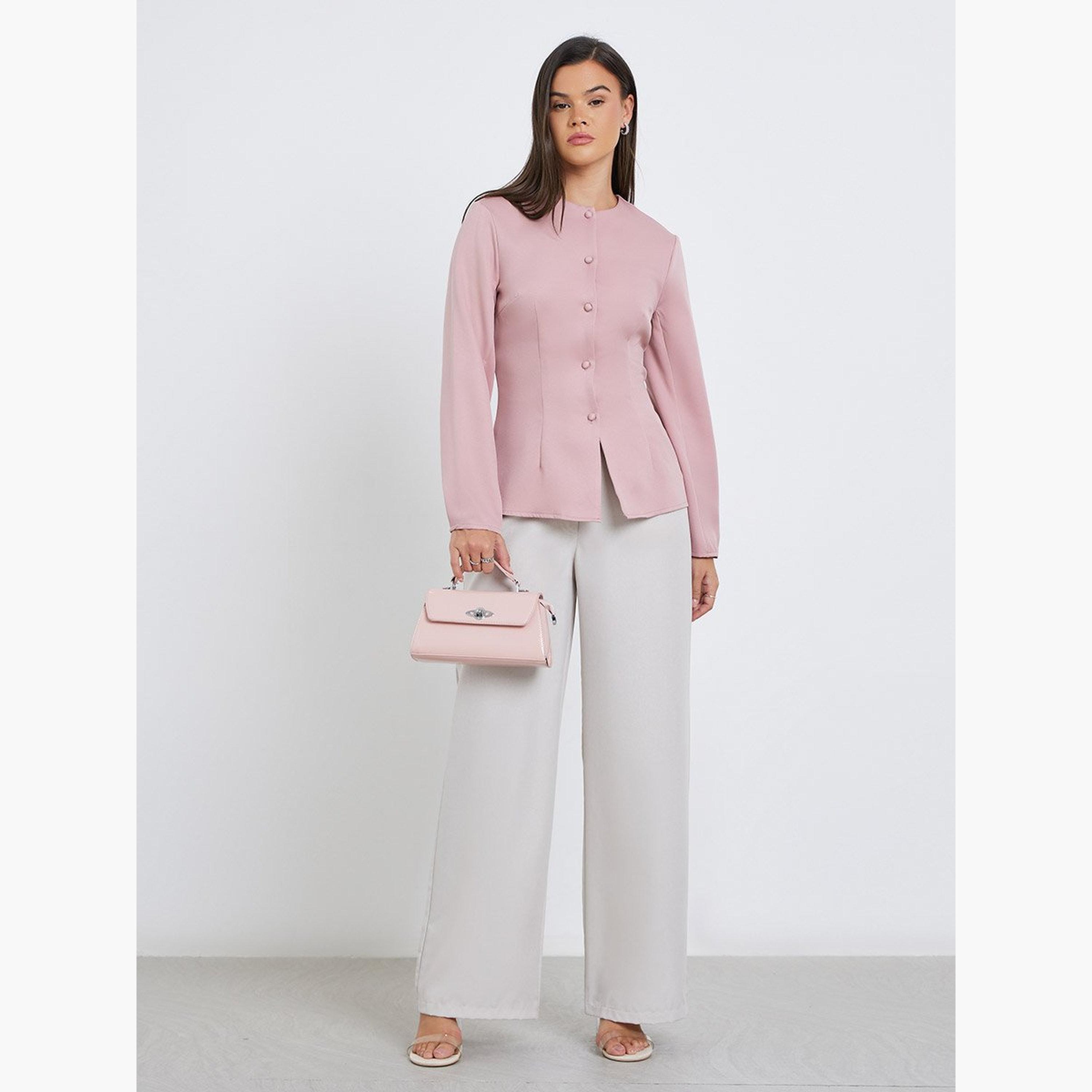 ستايلي - بلوزة سادة برقبة مستديرة وأزرار-women-clothing-shirtsandblouses-blouses-image-2