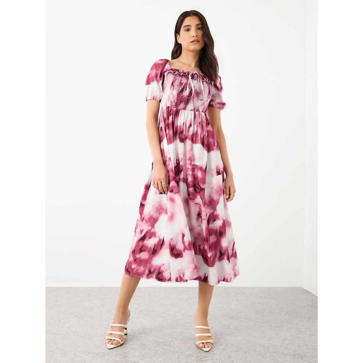 فستان ميدي مُطبع بالكامل مع تفاصيل مُجمعة-women-clothing-dresses-image-2