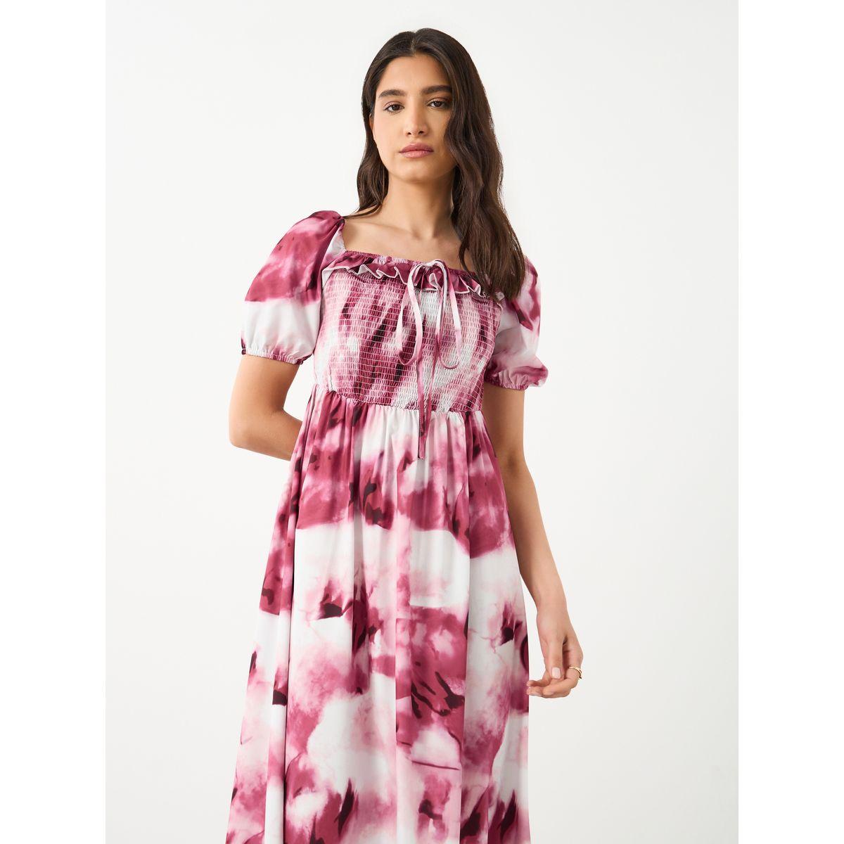 فستان ميدي مُطبع بالكامل مع تفاصيل مُجمعة-women-clothing-dresses-image-3