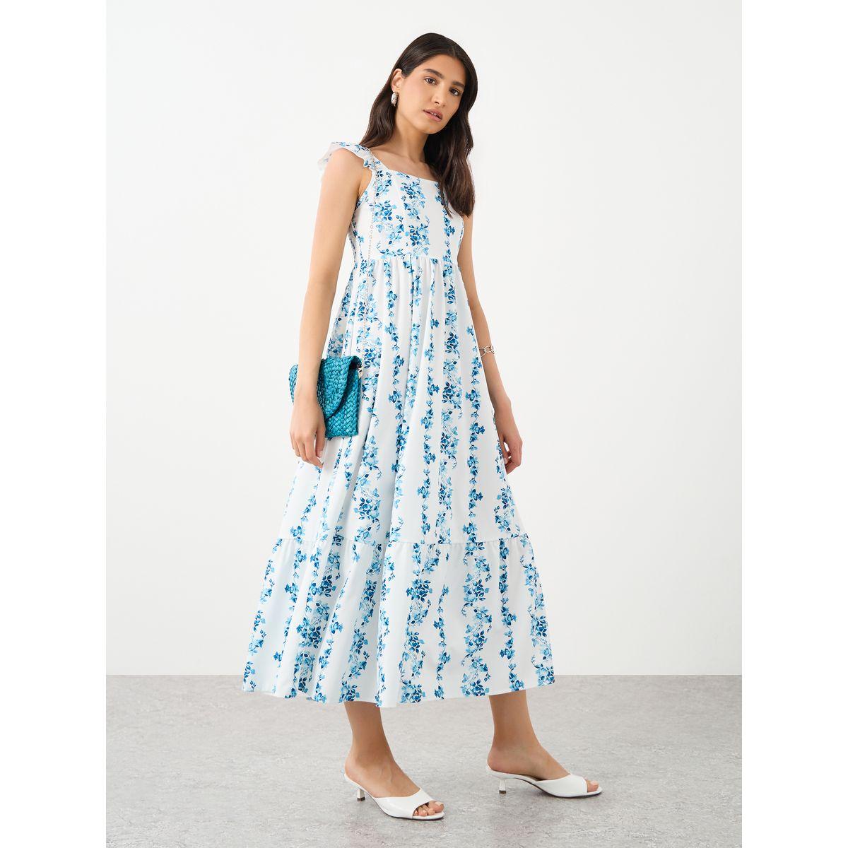 فستان ميدي بطبعة زهور وياقة مربعة-women-clothing-dresses-image-1