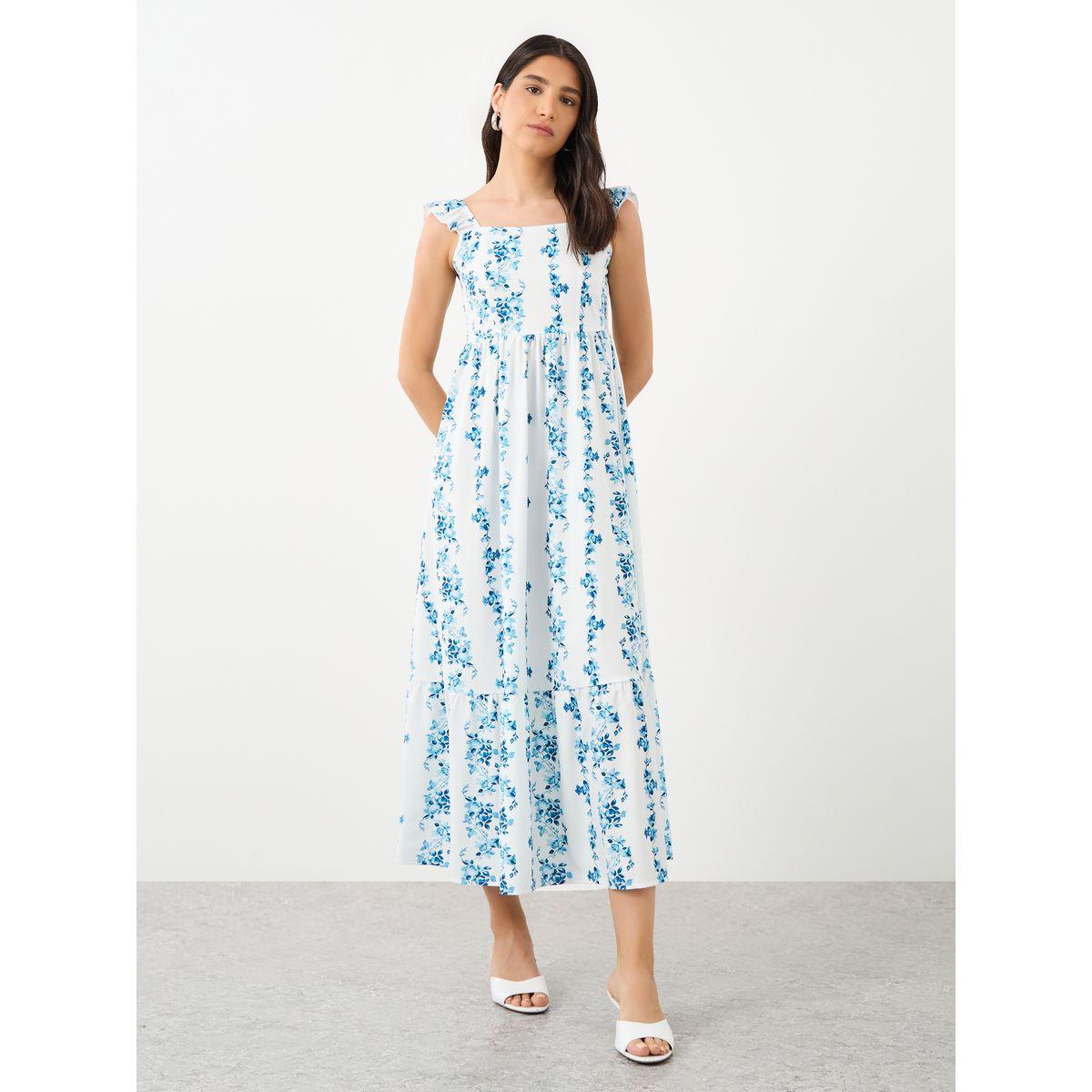 Styli Floral Print Square Neck Smocking Detail Midi Dress-women-clothing-dresses-image-2