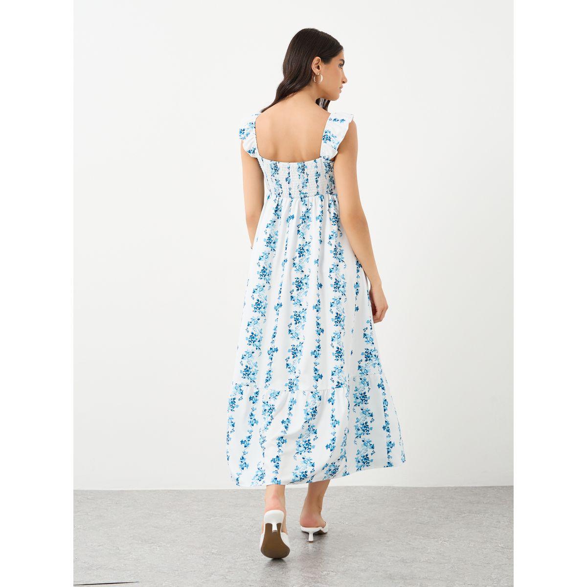 Styli Floral Print Square Neck Smocking Detail Midi Dress-women-clothing-dresses-image-5