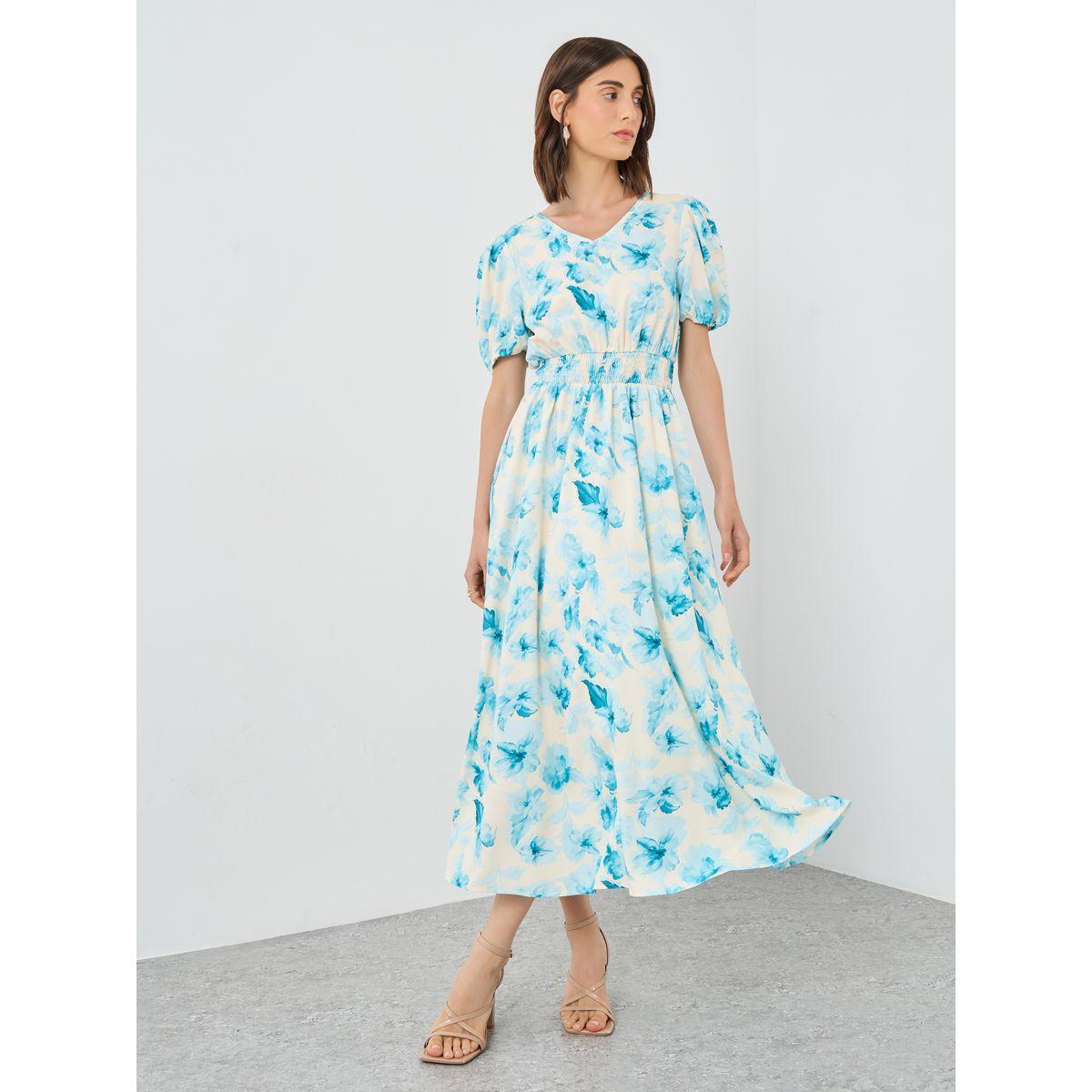 فستان ميدي بطبعة زهور وأكمام منفوخة-women-clothing-dresses-image-1