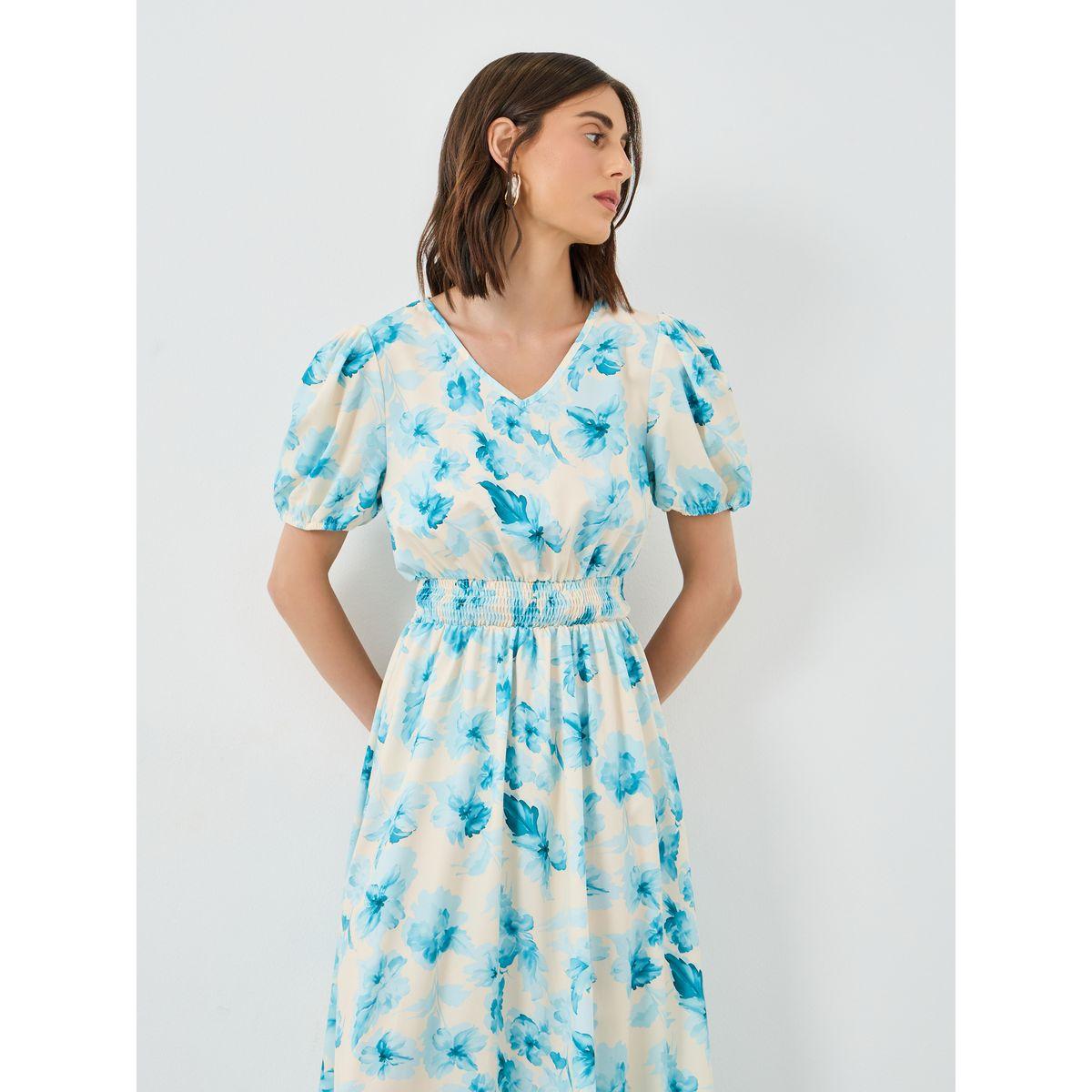 فستان ميدي بطبعة زهور وأكمام منفوخة-women-clothing-dresses-image-3