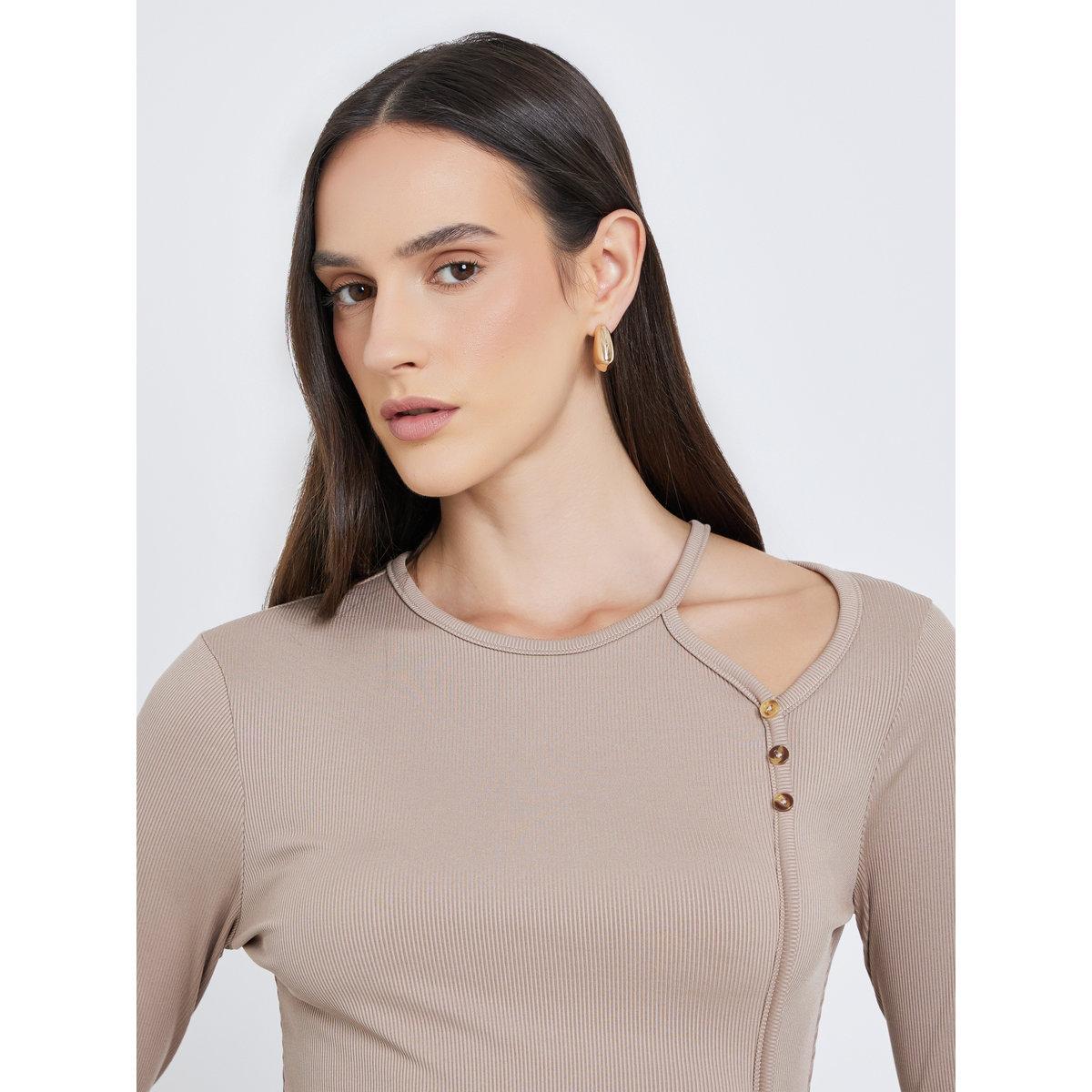 Styli Brown Ribbed Knit Top with Cut-Out Detail-women-clothing-tshirts-image-4