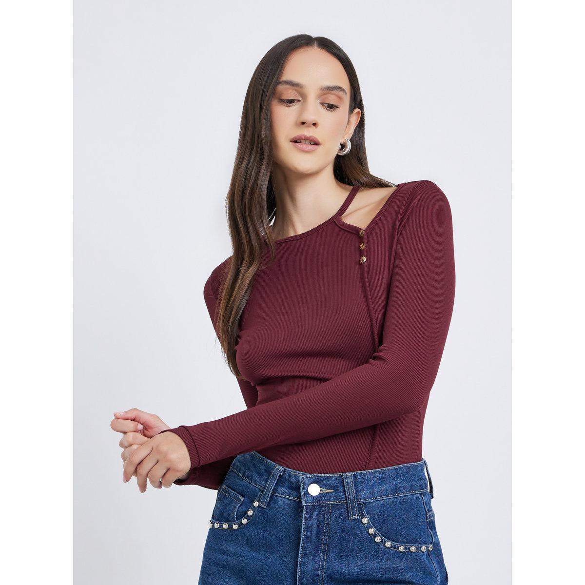 بلوزة بتفاصيل مُضلعة وتفاصيل مفتوحة-women-clothing-tshirts-image-1